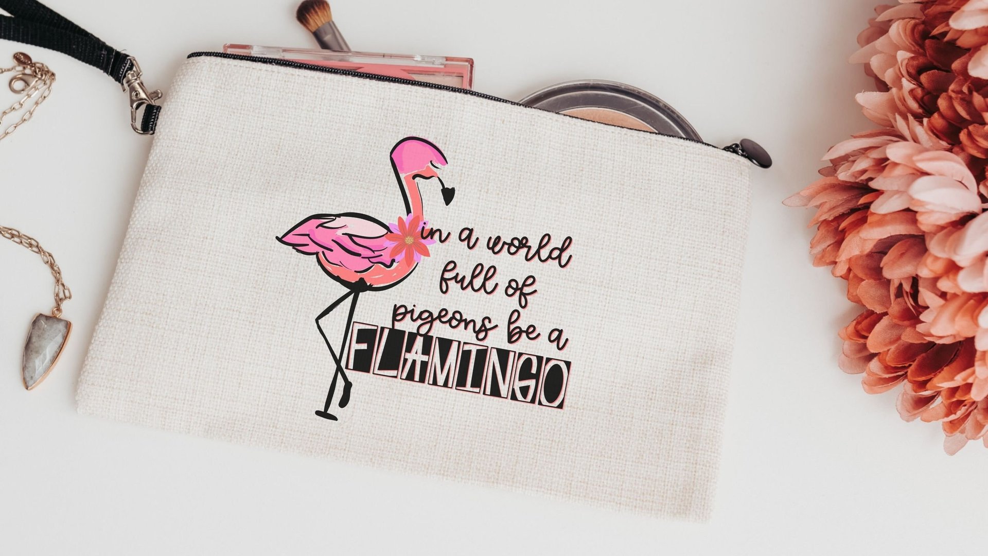 in a world full of pigeons be a flamingo cosmetic bag for purse, cute flamingo makeup bag for women, Easter basket stuffers for teenage girl