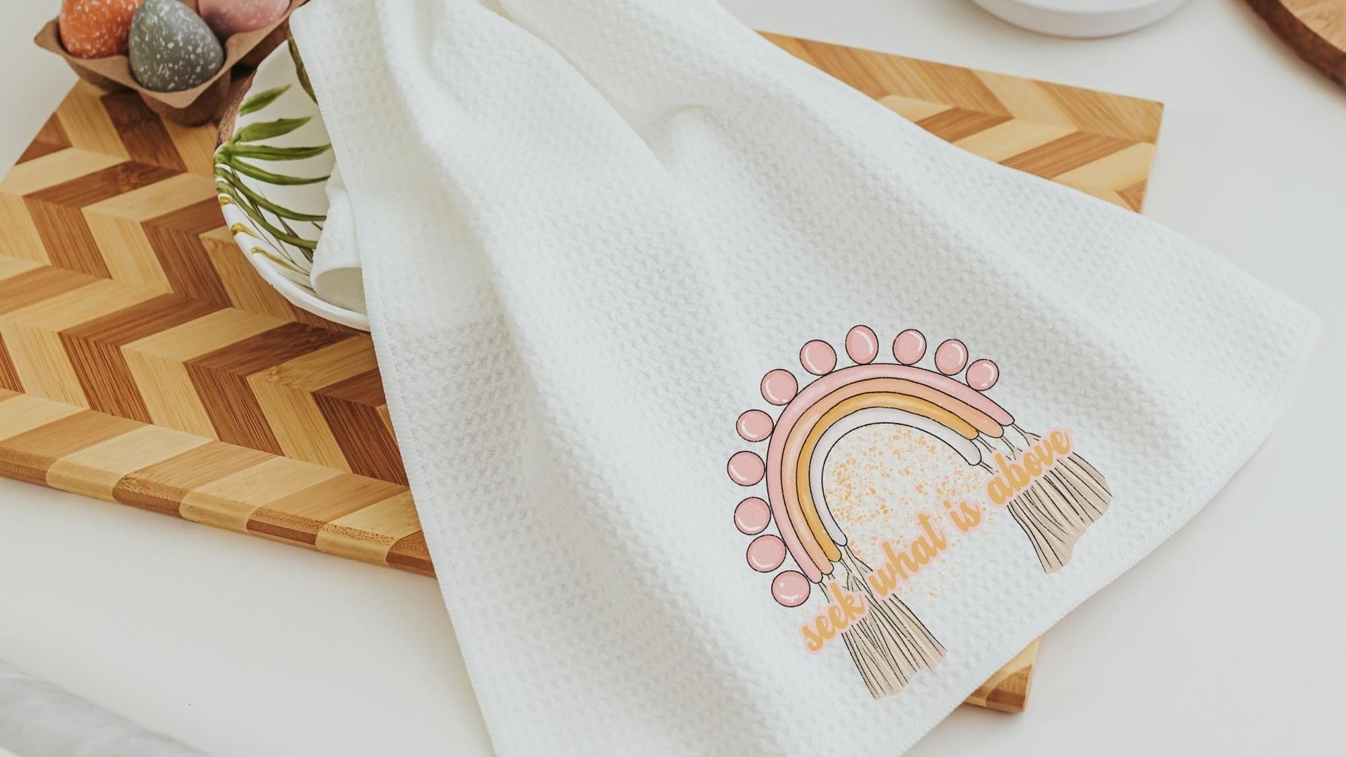 seek what is above faith kitchen towels for gifts, Colossians 3:1 Christian kitchen gifts for women, boho rainbow hand towels for guest bath