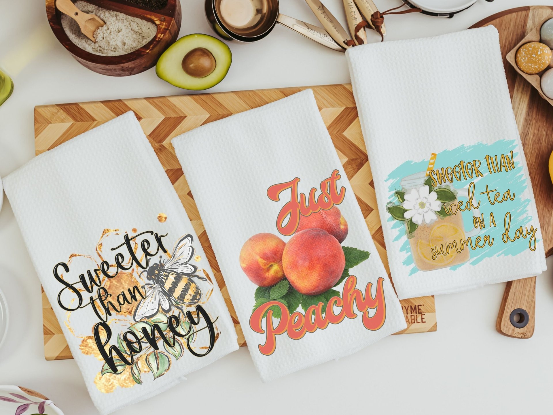 sweeter than honey bee kitchen towel, just peachy peach kitchen decor, sweet tea Southern dish towels, Georgia gifts, paperless towels, new