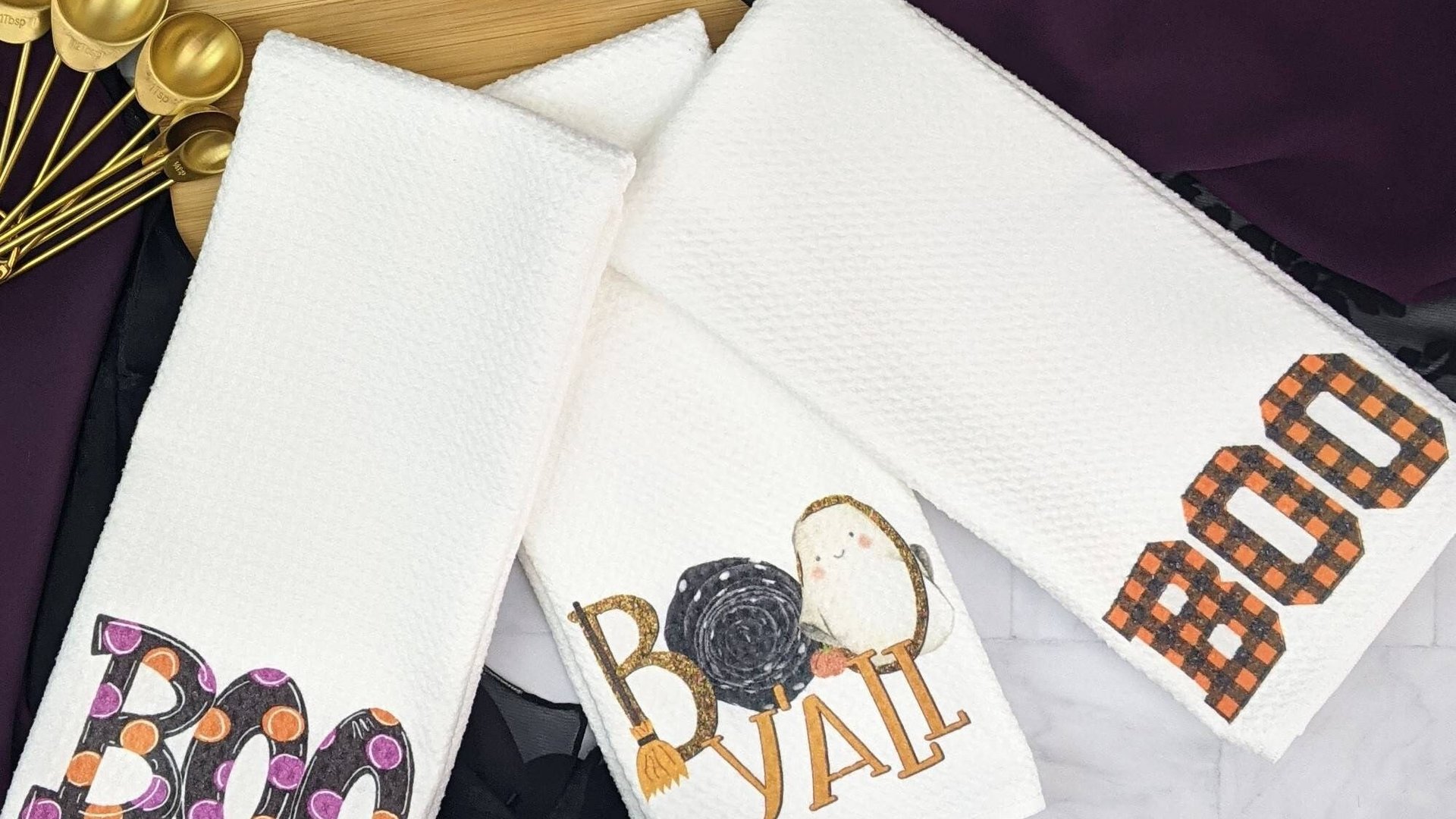 boo yall Halloween kitchen towels, October birthday gifts for her, orange buffalo plaid kitchen hand towels, fall decorations for home, best