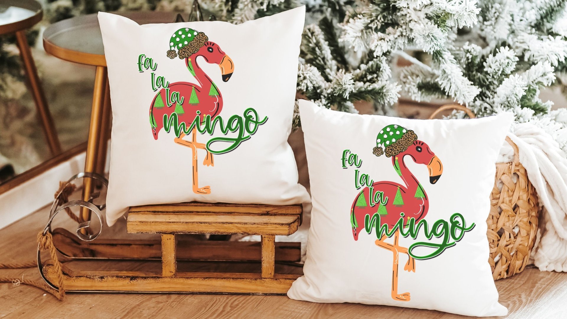 fa la la mingo funny Christmas kitchen towels for women, flamingo Christmas throw pillows for couch, cute Christmas gift set for best friend