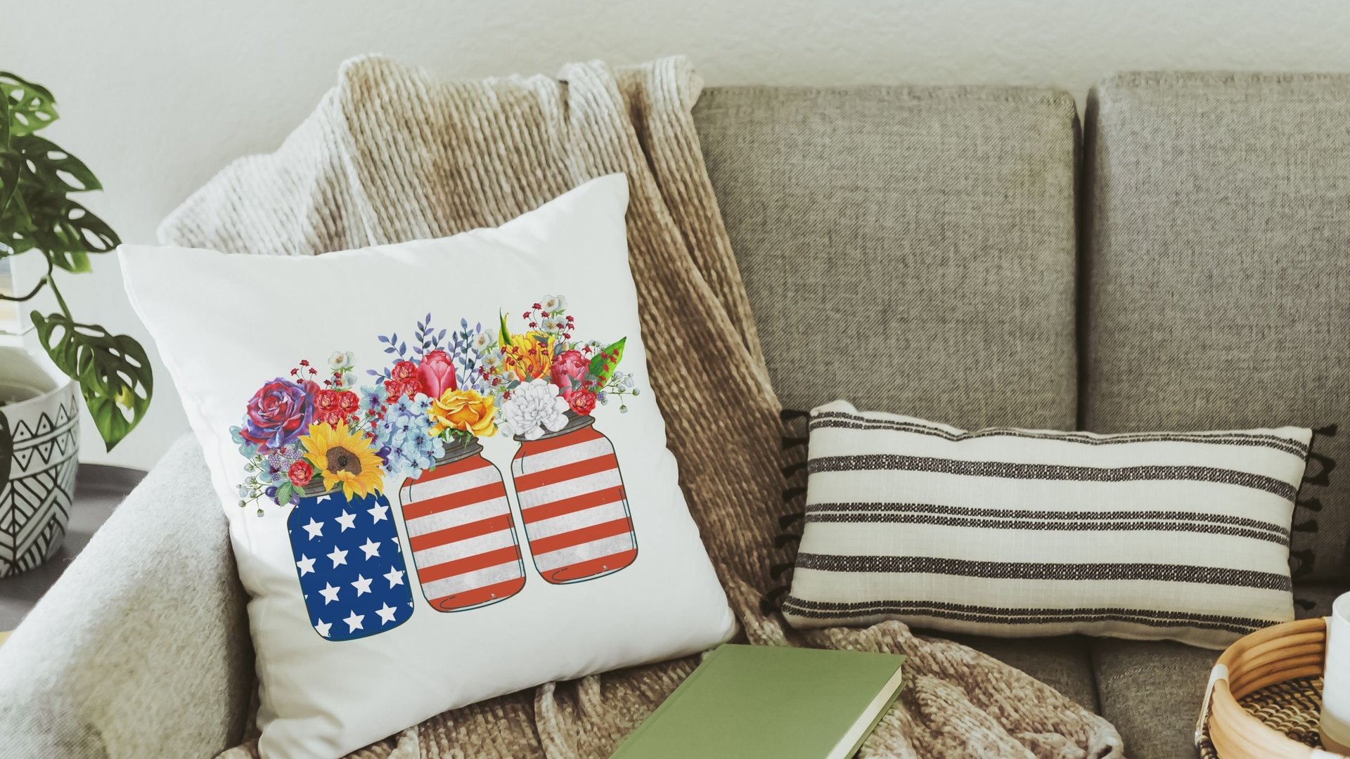 American flag mason jar red white and blue throw pillow covers for chair, 4th of July floral throw pillows for bench, patriotic decor for