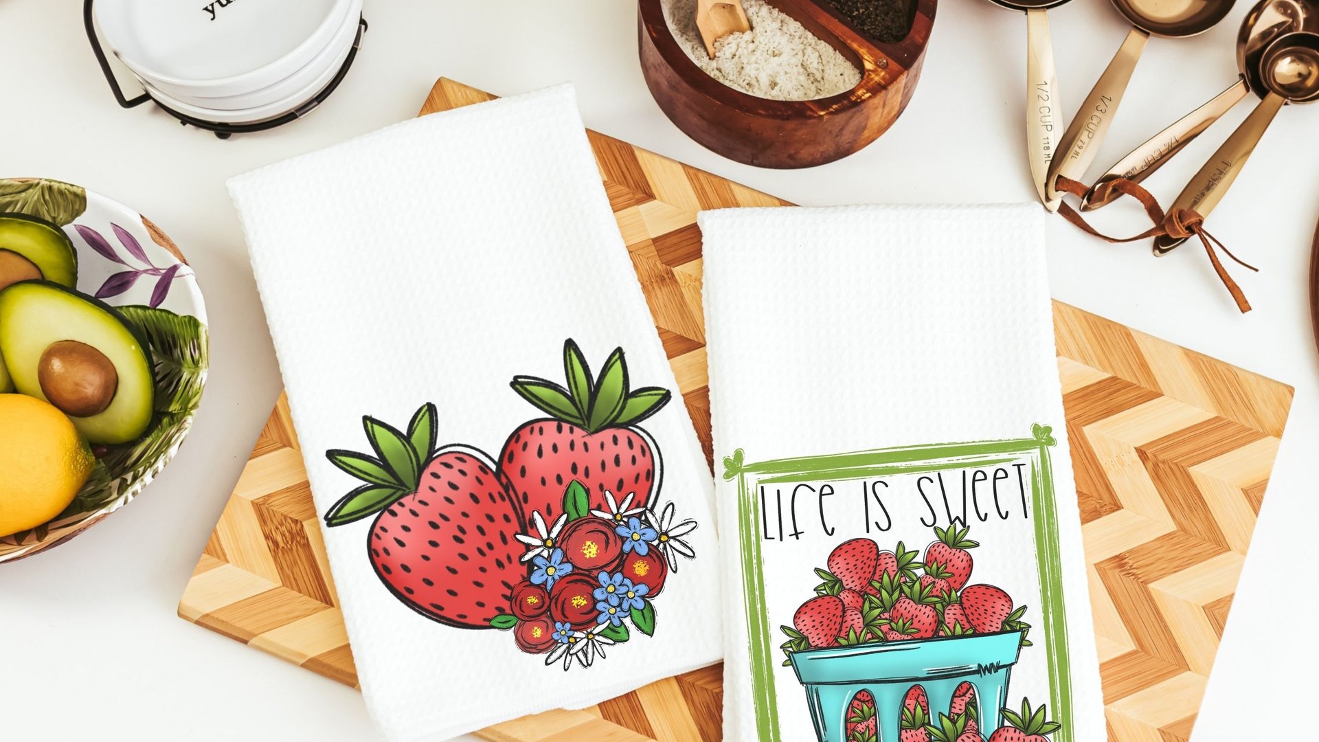 strawberry kitchen towels for Spring, life is sweet kitchen hand towels, summer decor for home, fruit kitchen decor, cute dish towels for