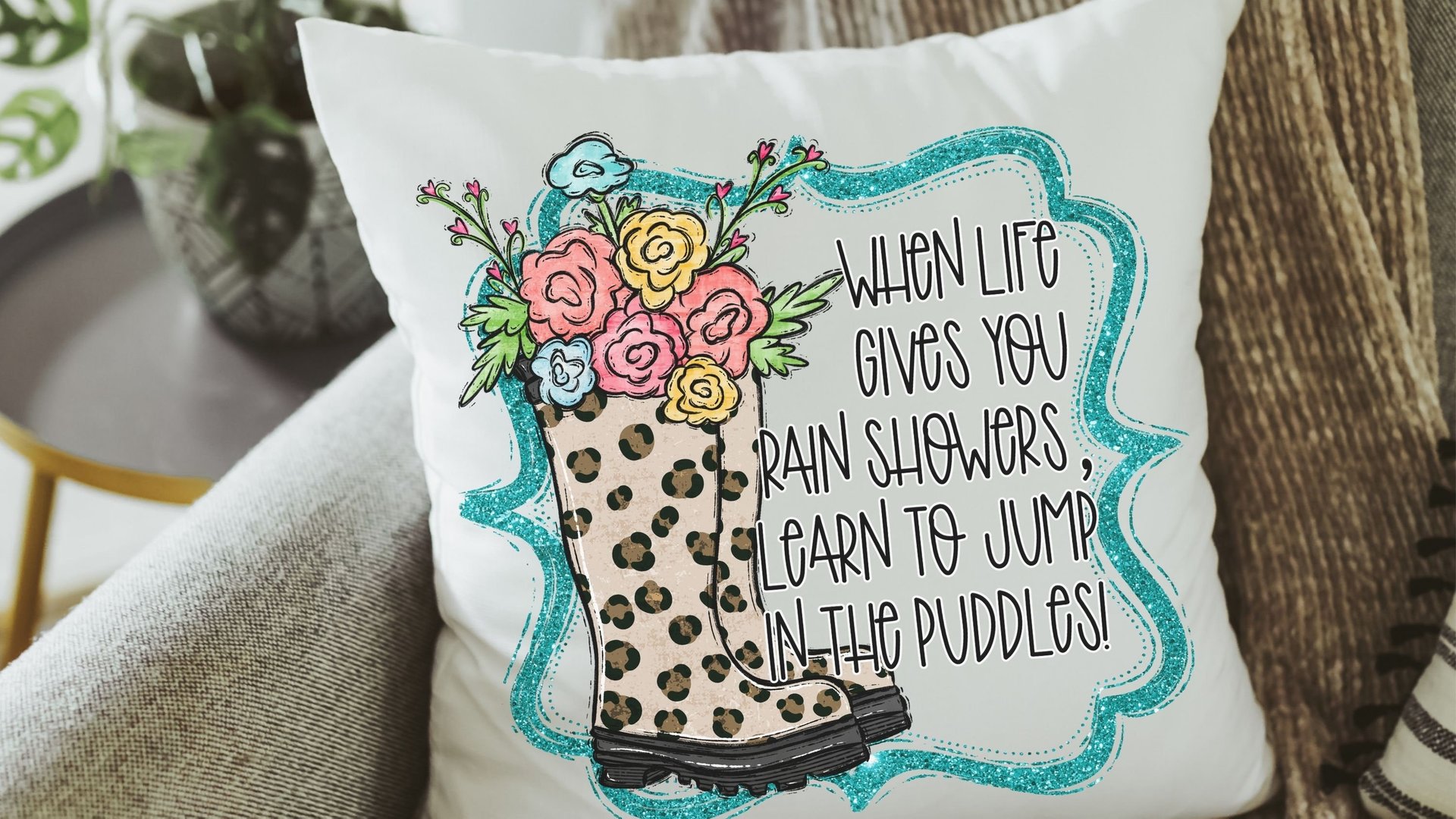 learn to jump in the puddles Spring throw pillows for couch, inspirational pillow to my daughter, whimsical kids reading nook decor, trendy