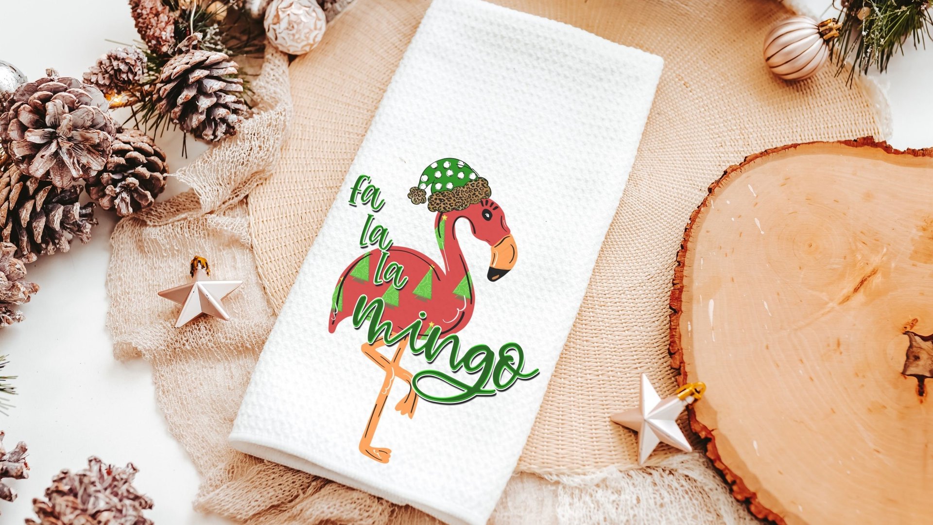 fa la la mingo funny Christmas kitchen towels for women, flamingo Christmas throw pillows for couch, cute Christmas gift set for best friend