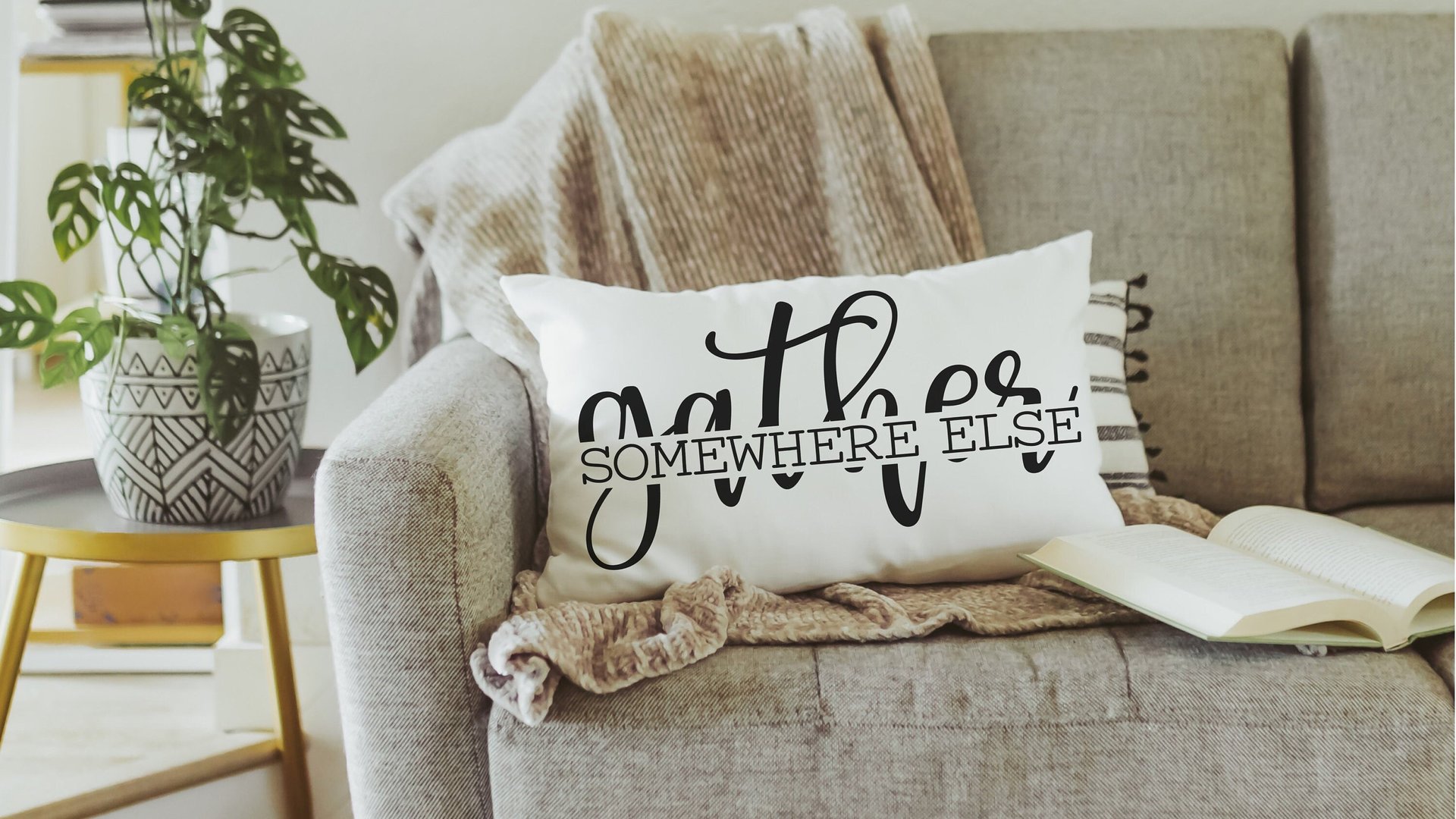 gather somewhere else funny throw pillow for couch, anti social introvert gift, best friend birthday gifts for her, new home gift for women