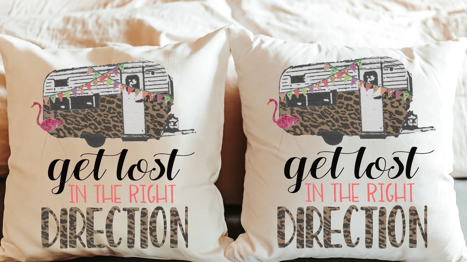 get lost in the right direction inspirational throw pillows for couch, summer road trip RV decorations for inside, glamping bachelorette