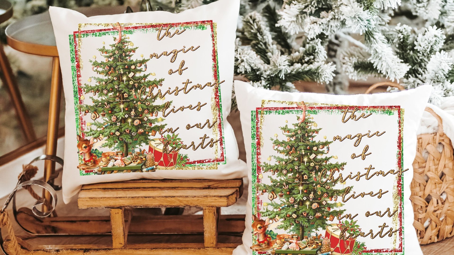 the magic of Christmas throw pillow for couch, unique Christmas hostess gift for women, festive Christmas kitchen towels for friends, secret