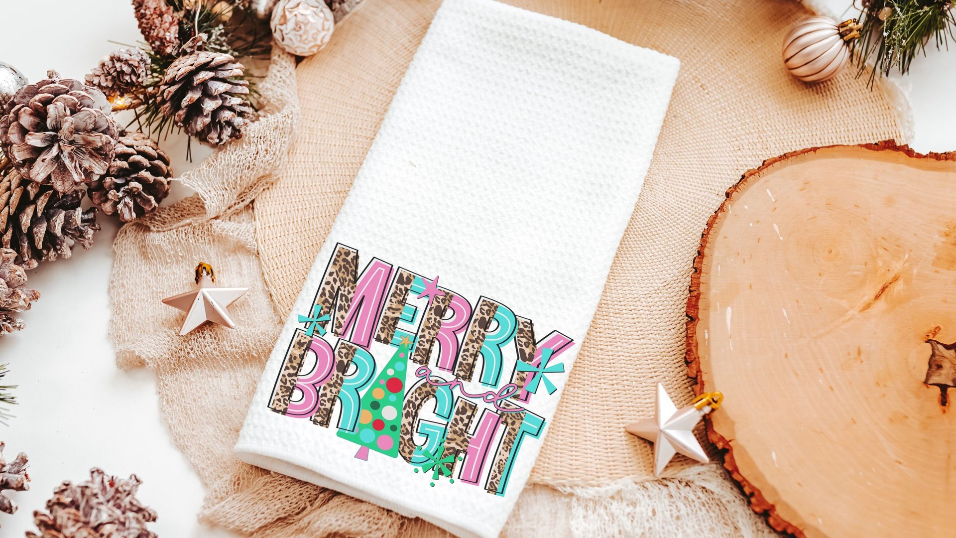 merry and bright Christmas kitchen towels, leopard print Christmas kitchen hand towels, cute Christmas hostess gifts for women, holiday