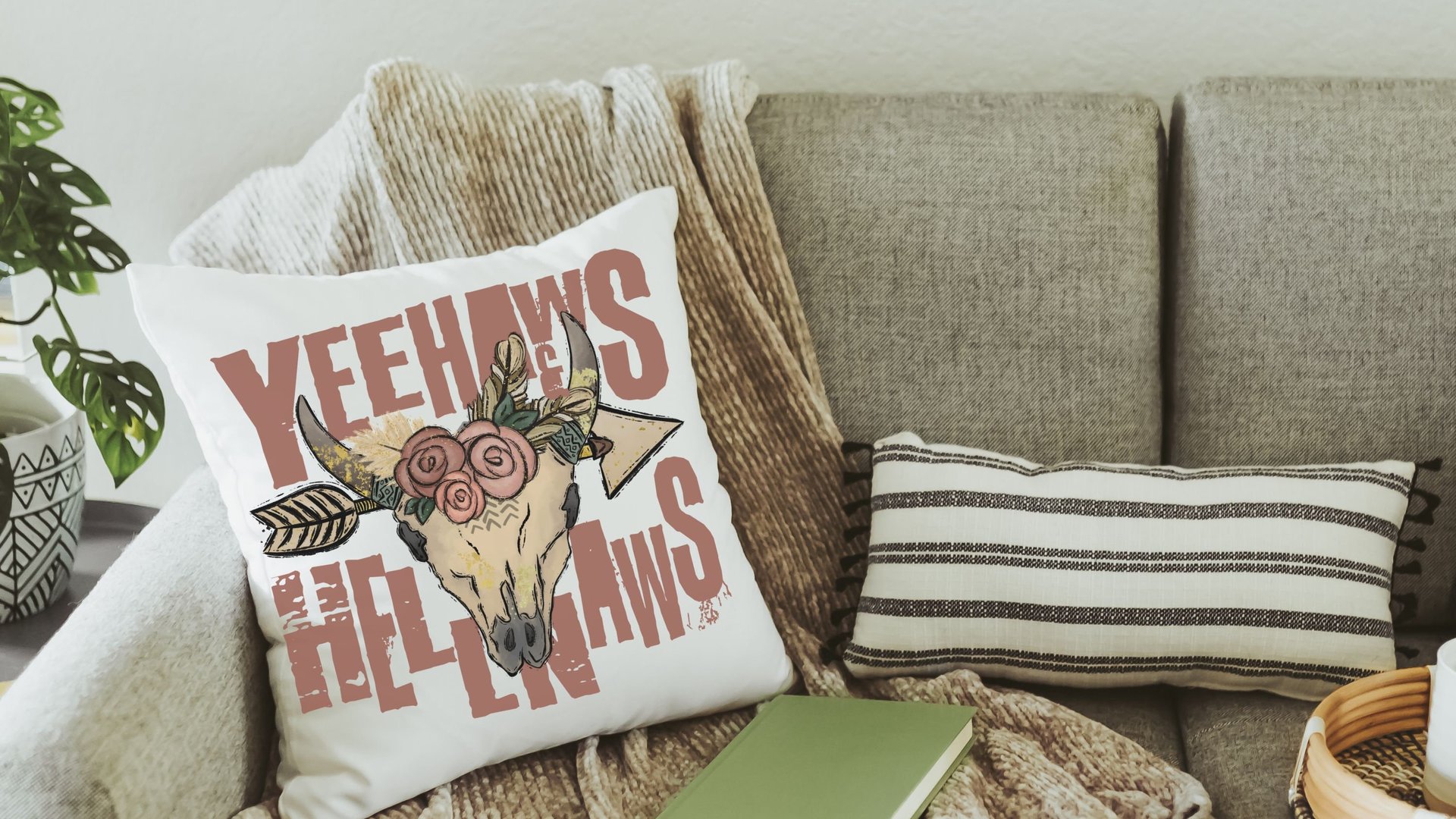 yeehaws and hellnaws boho throw pillows for couch, college dorm decor for girls, southwestern decor for home, floral skull dorm pillows for