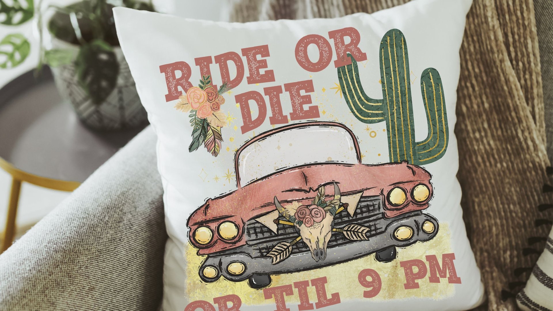 ride or die boho throw pillows for couch, southwestern decor for home, dorm pillows for college girls, pink floral throw pillow, plant mom