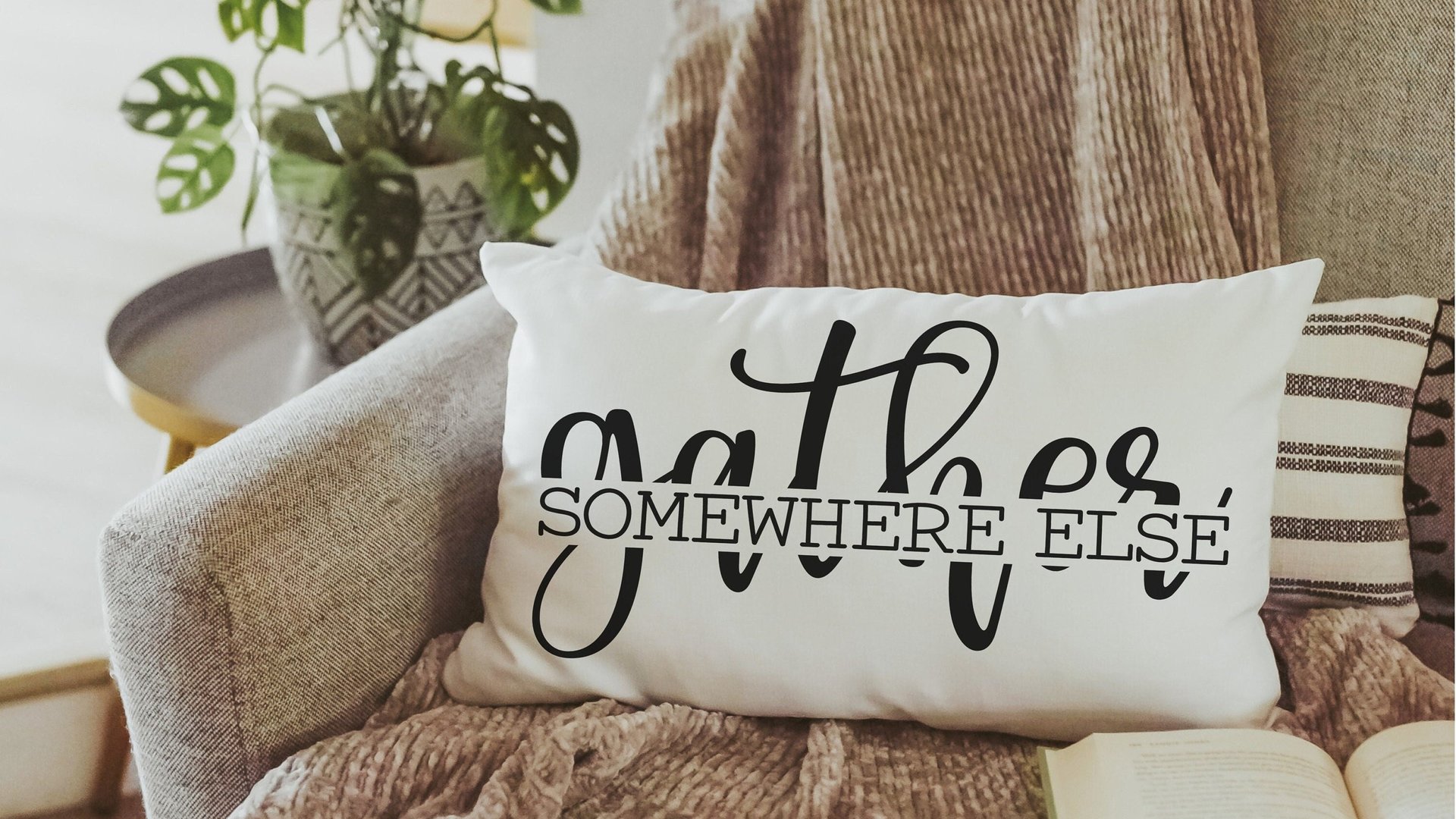 gather somewhere else funny throw pillow for couch, anti social introvert gift, best friend birthday gifts for her, new home gift for women