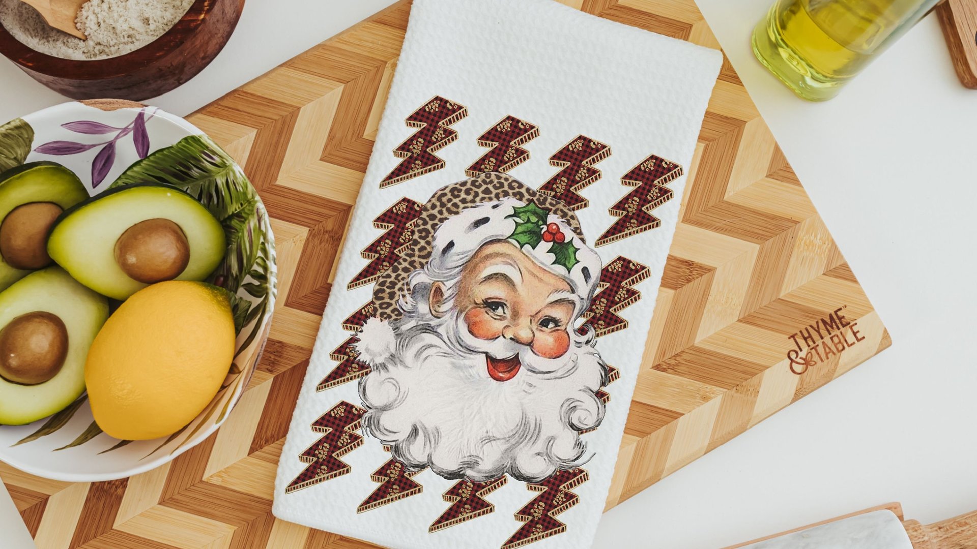 leopard print Santa throw pillow for couch, lightning bolt trendy Christmas kitchen towels for friends, secret Santa gifts for women, funky