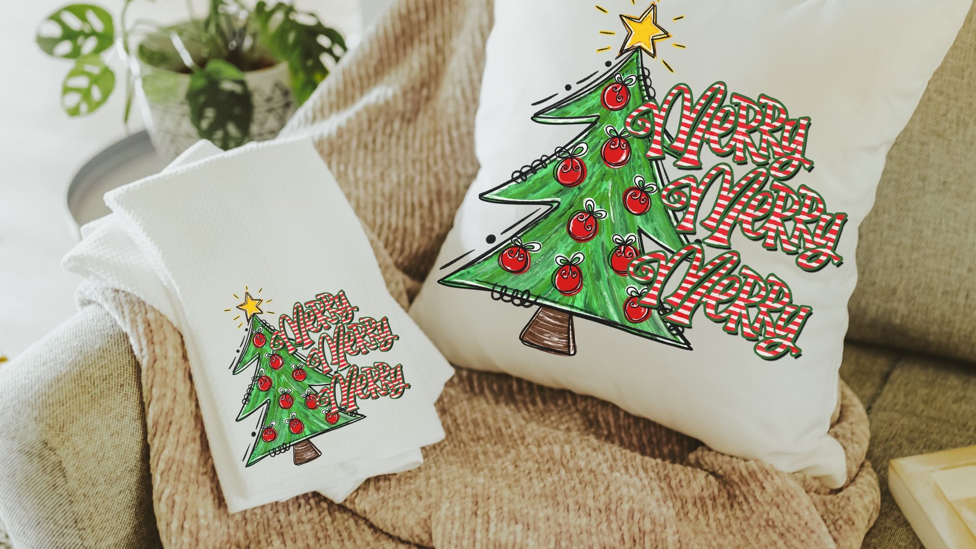 merry merry merry Christmas throw pillows for sofa, cute Christmas tree Christmas kitchen towels, fun Christmas hostess gifts for women