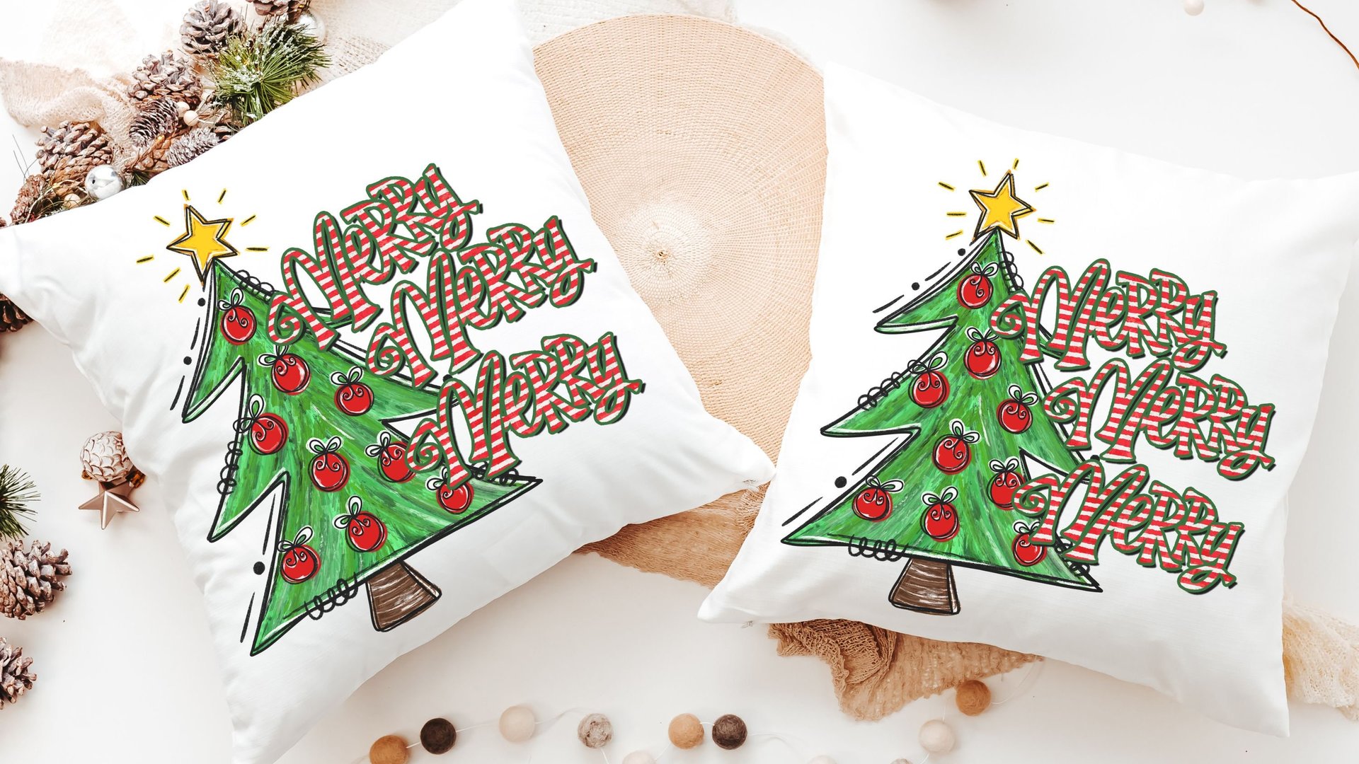 merry merry merry Christmas throw pillows for sofa, cute Christmas tree Christmas kitchen towels, fun Christmas hostess gifts for women