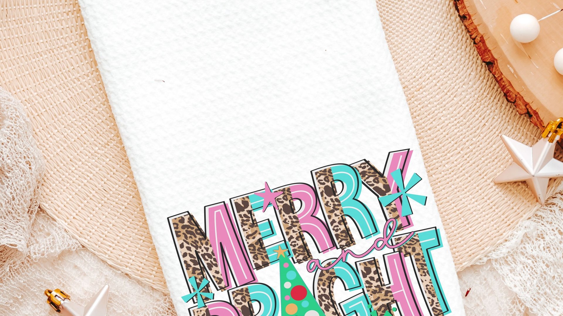 merry and bright Christmas kitchen towels, leopard print Christmas kitchen hand towels, cute Christmas hostess gifts for women, holiday