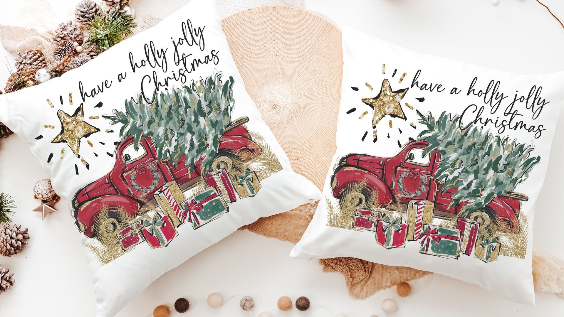 have a holly jolly Christmas throw pillows for couch, red truck Christmas kitchen towels for friends, Christmas gifts for new homeowners