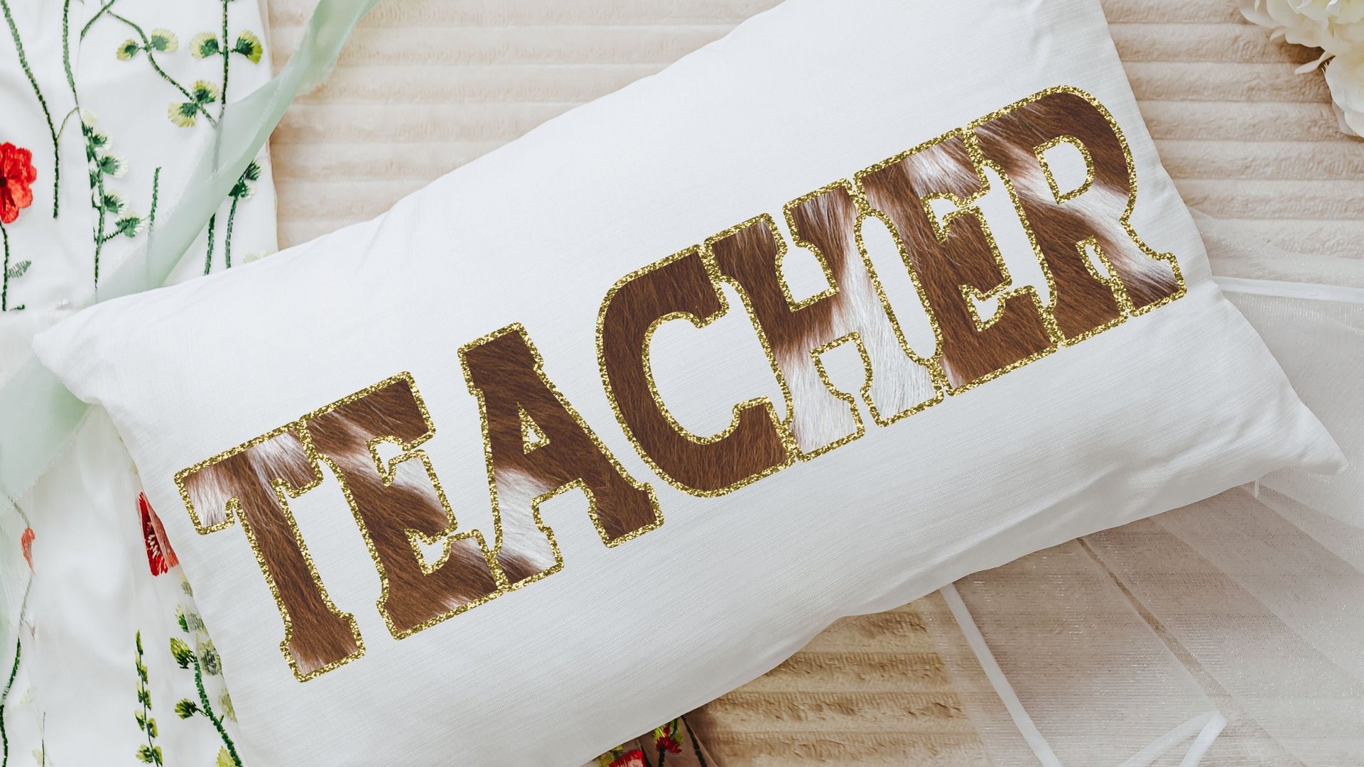 teacher cow print lumbar throw pillow for chair, cowboy classroom decor, western cowhide throw pillow, back to school gifts for teachers