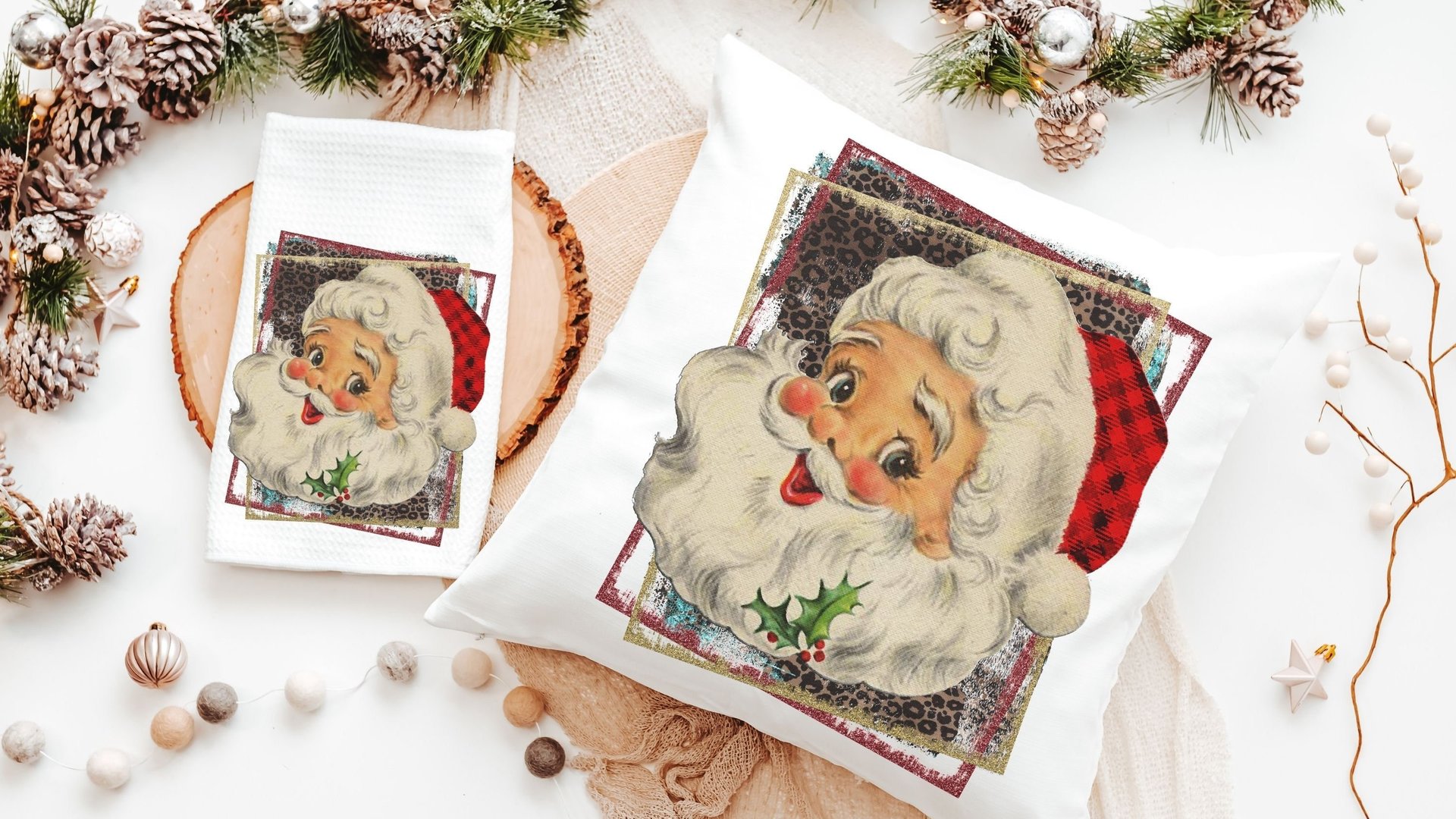 vintage Santa pillow covers 18x18, leopard print Christmas hand towels for bathroom, trendy Christmas housewarming gift for women, secret