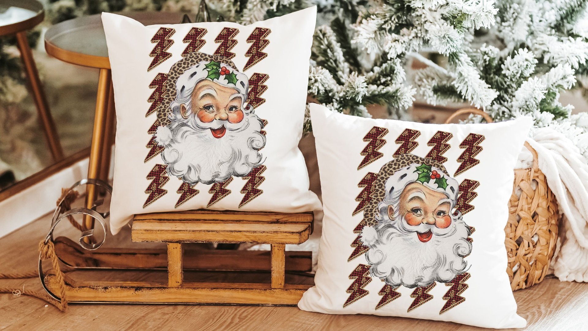 leopard print Santa throw pillow for couch, lightning bolt trendy Christmas kitchen towels for friends, secret Santa gifts for women, funky