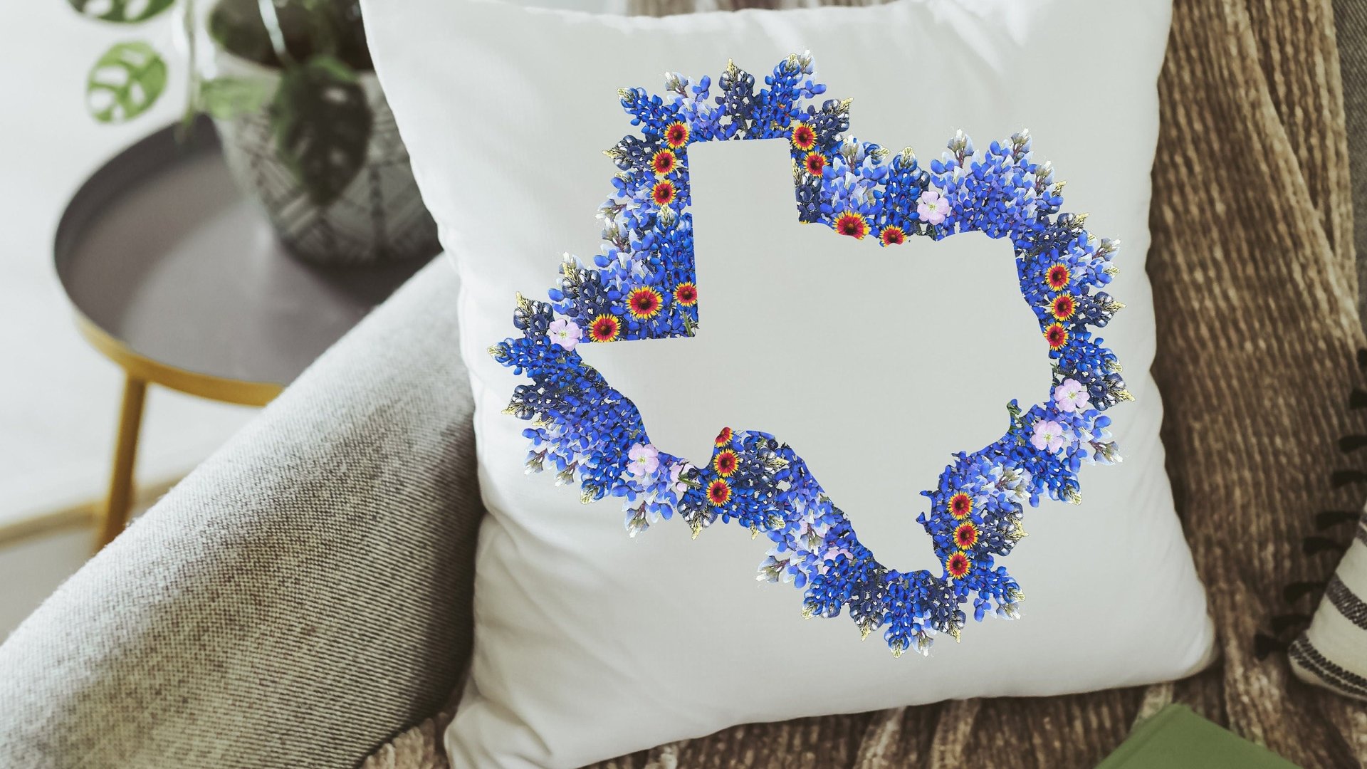 floral Texas throw pillow for sofa, Texas state flower bluebonnet gifts for women, moving to Texas gifts for her, Texas wildflower pillow