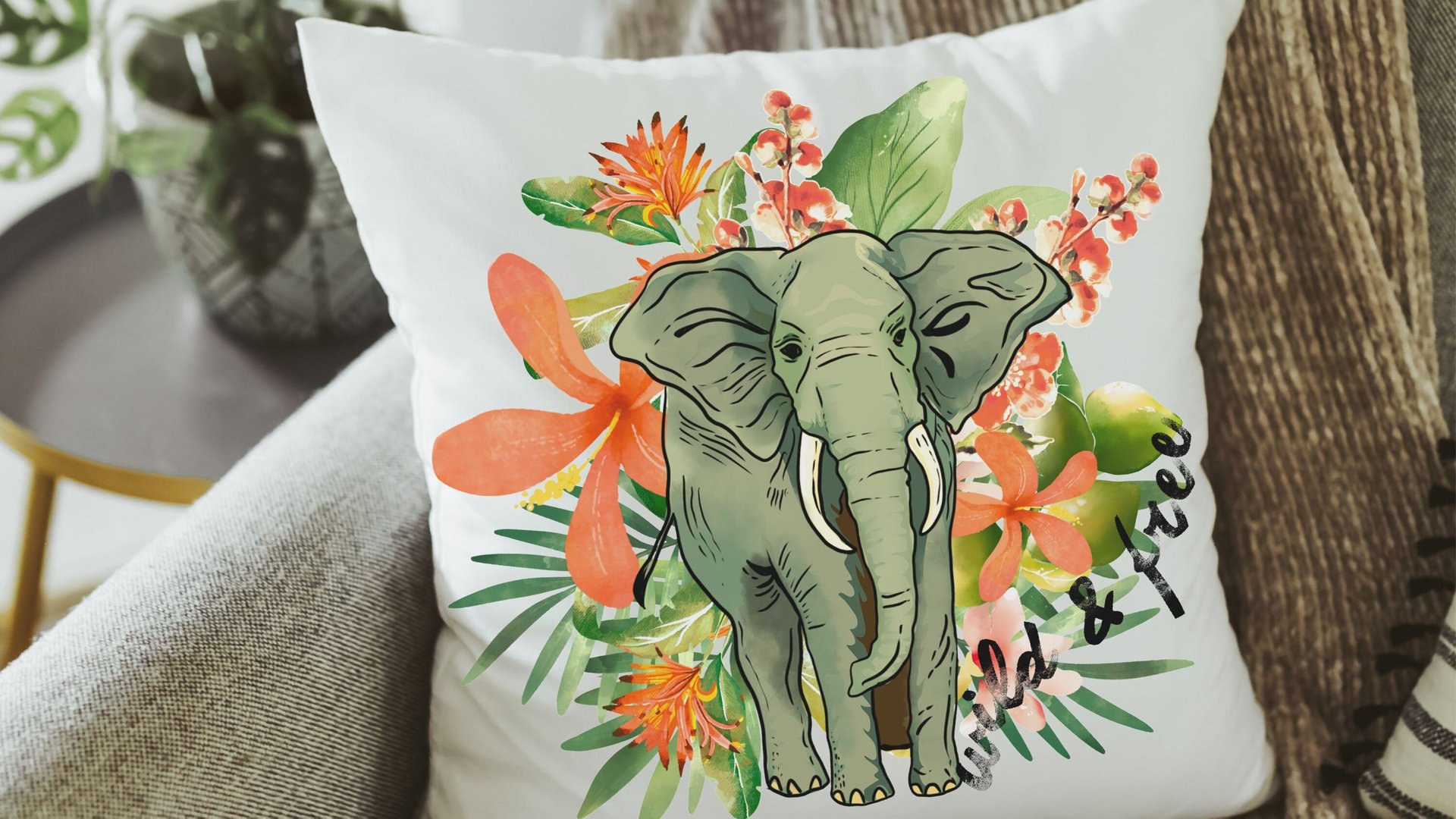 wild and free elephant throw pillow for couch, plant mom gift, tropical decor for home, elephant gifts for women, jungle nursery decor for