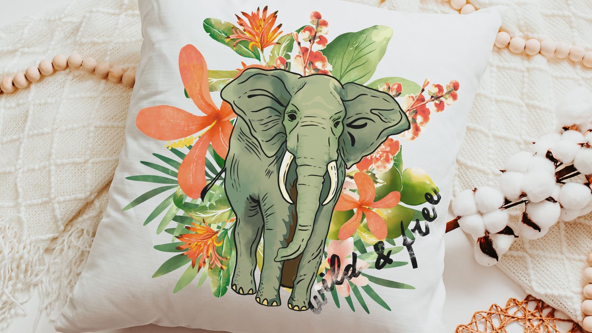 wild and free elephant throw pillow for couch, plant mom gift, tropical decor for home, elephant gifts for women, jungle nursery decor for
