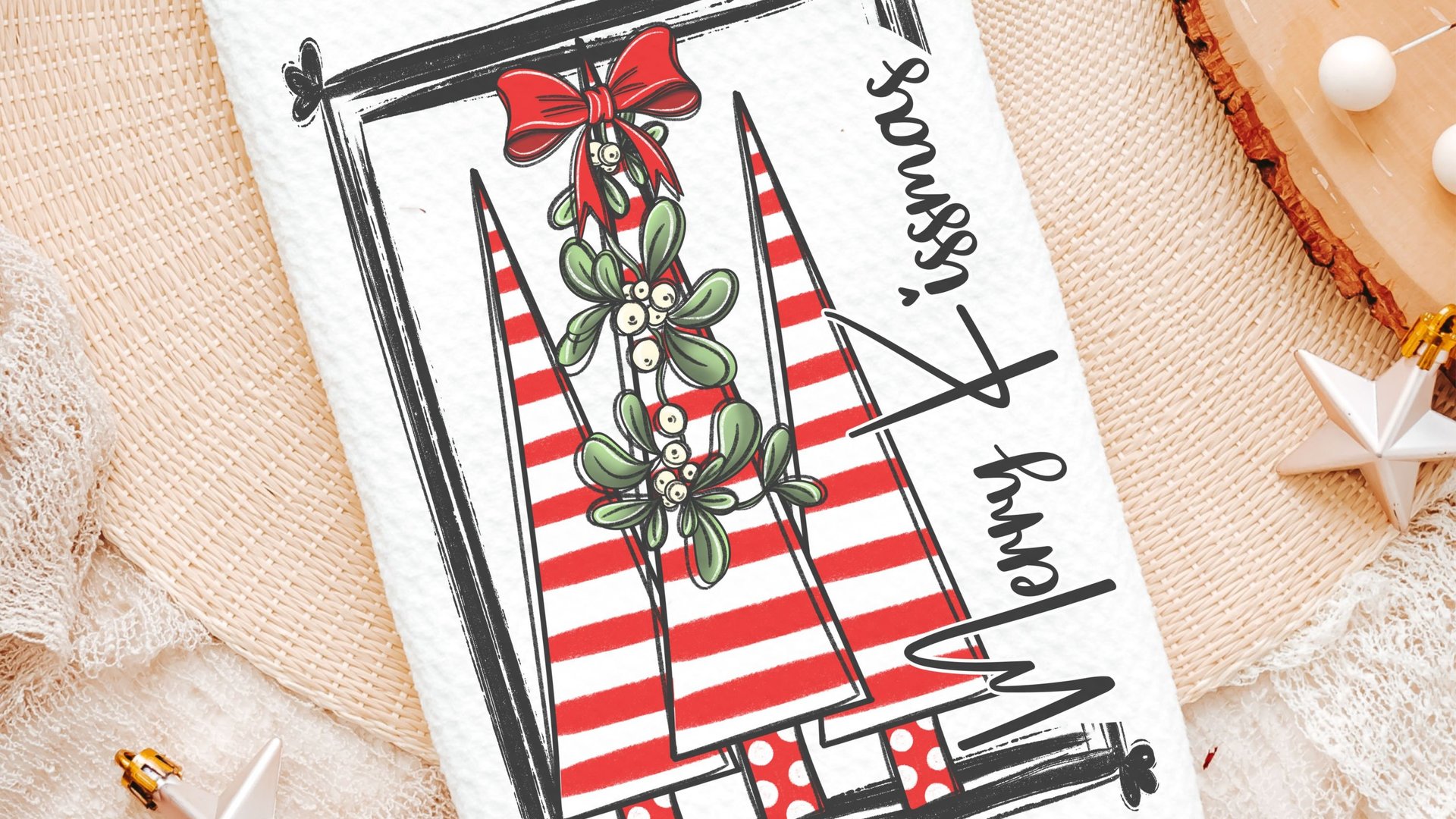 merry kissmas Christmas kitchen towels, cute Christmas housewarming gifts for couple, candy cane Christmas tree Christmas kitchen hand towel