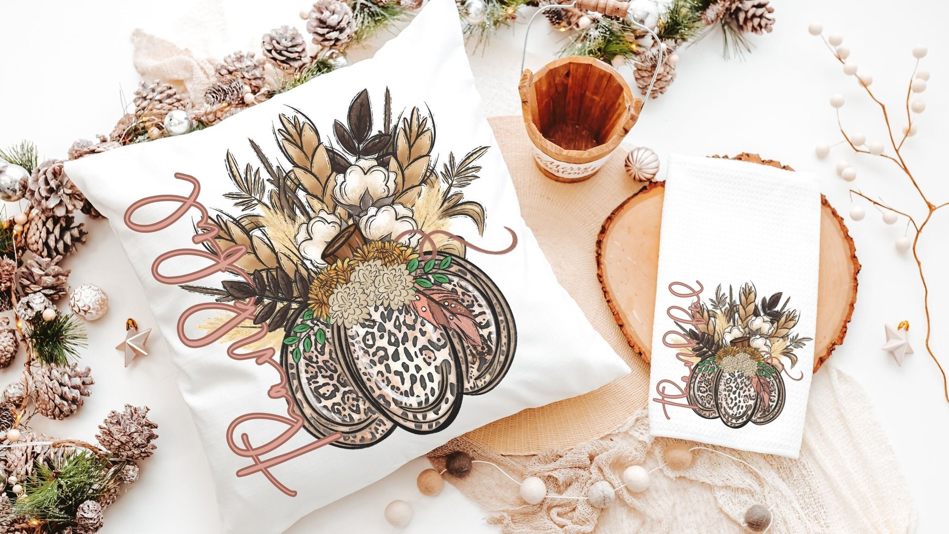 thankful pumpkin throw pillow covers 18x18 fall decor for home, leopard pumpkin kitchen towel, new home gift set, autumn decor pillow, best