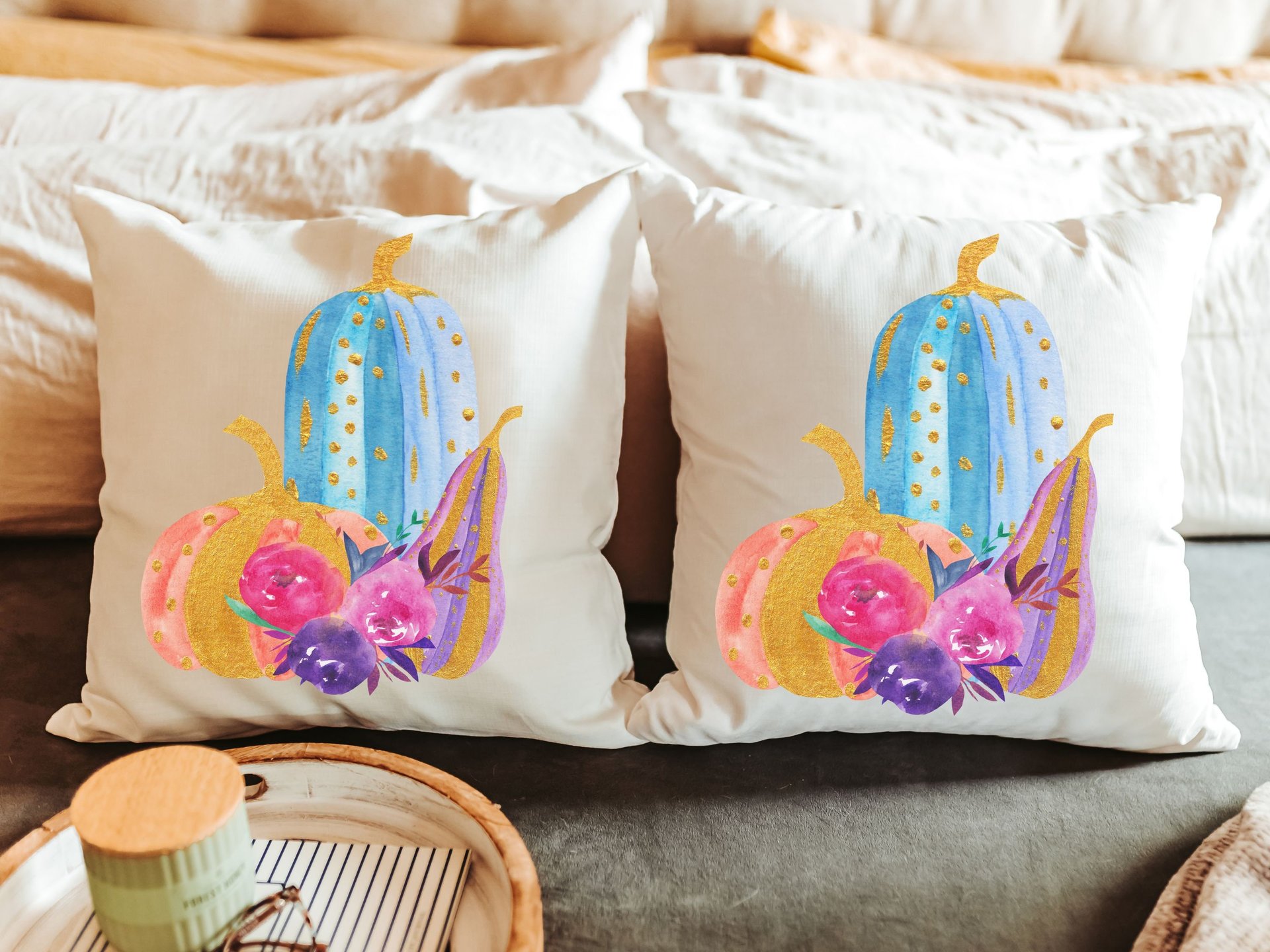 watercolor pumpkin throw pillow for couch, boo basket stuffers for adults, cute Halloween gifts for women, pastel Halloween decor for home