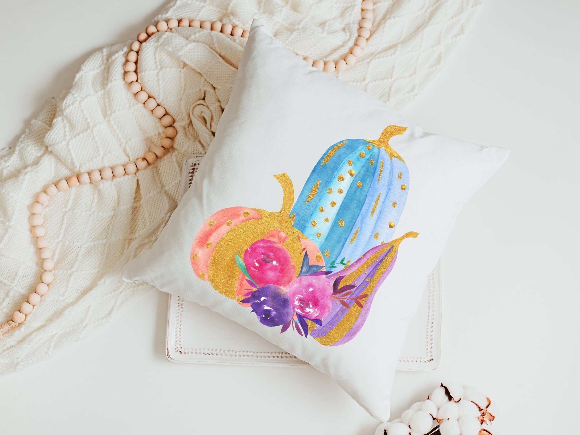 watercolor pumpkin throw pillow for couch, boo basket stuffers for adults, cute Halloween gifts for women, pastel Halloween decor for home