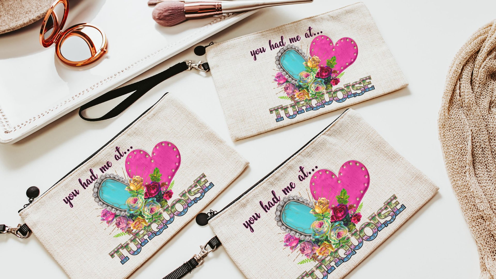 southwestern style makeup bags for purse, colorful roses floral cosmetic bags for women, stocking stuffers for teenage girls Christmas gifts