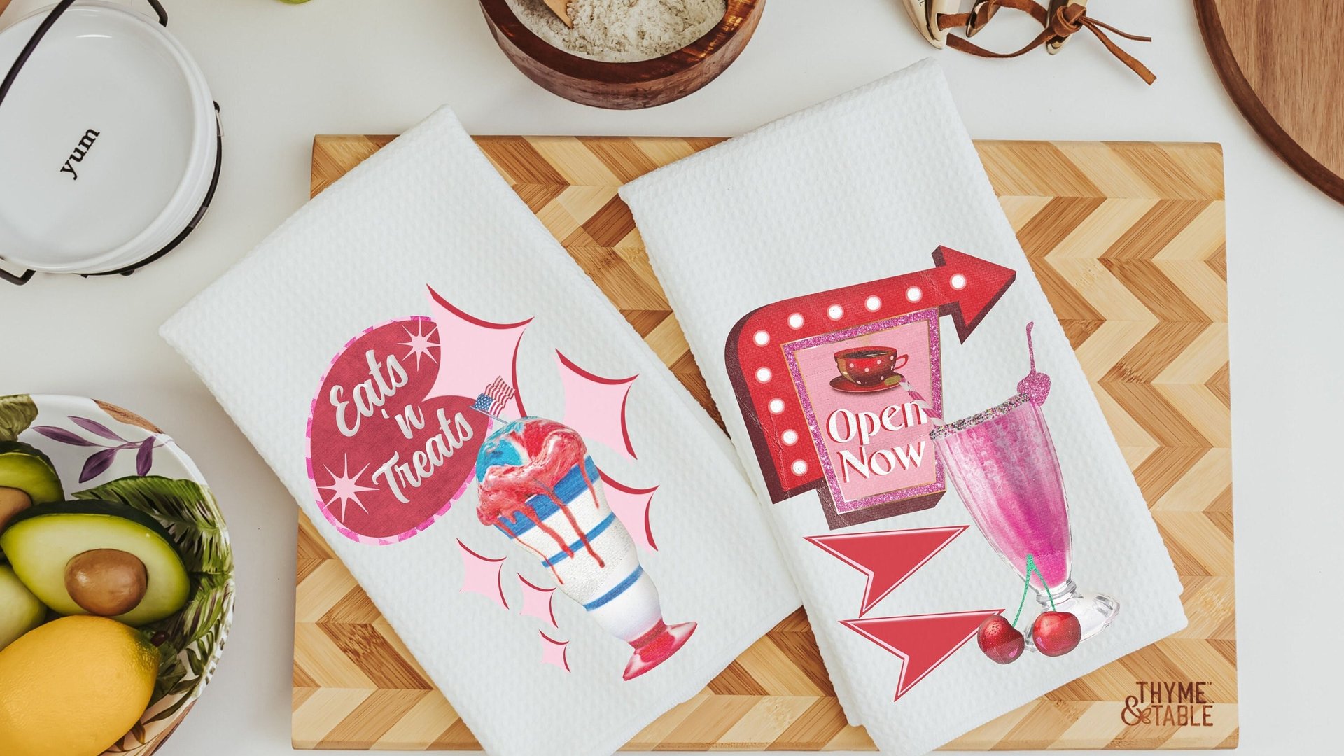 1950s inspired retro kitchen towels for mom, 50s diner decor, cute dish towels for drying dishes, sock hop decor, trendy Mothers day gifts