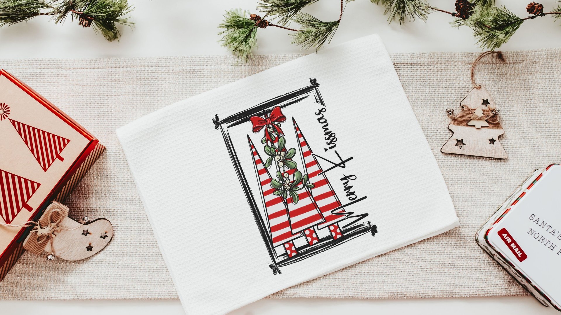 merry kissmas Christmas kitchen towels, cute Christmas housewarming gifts for couple, candy cane Christmas tree Christmas kitchen hand towel