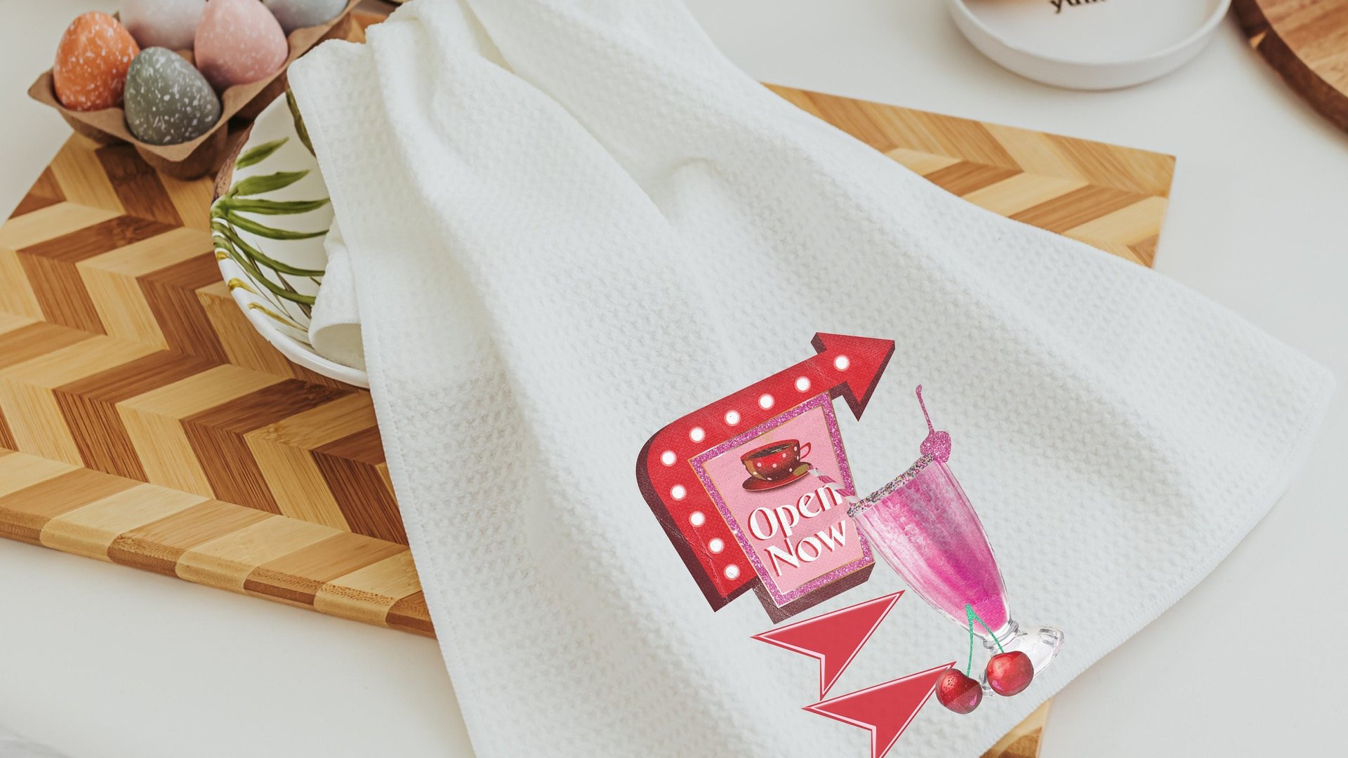 1950s inspired retro kitchen towels for mom, 50s diner decor, cute dish towels for drying dishes, sock hop decor, trendy Mothers day gifts