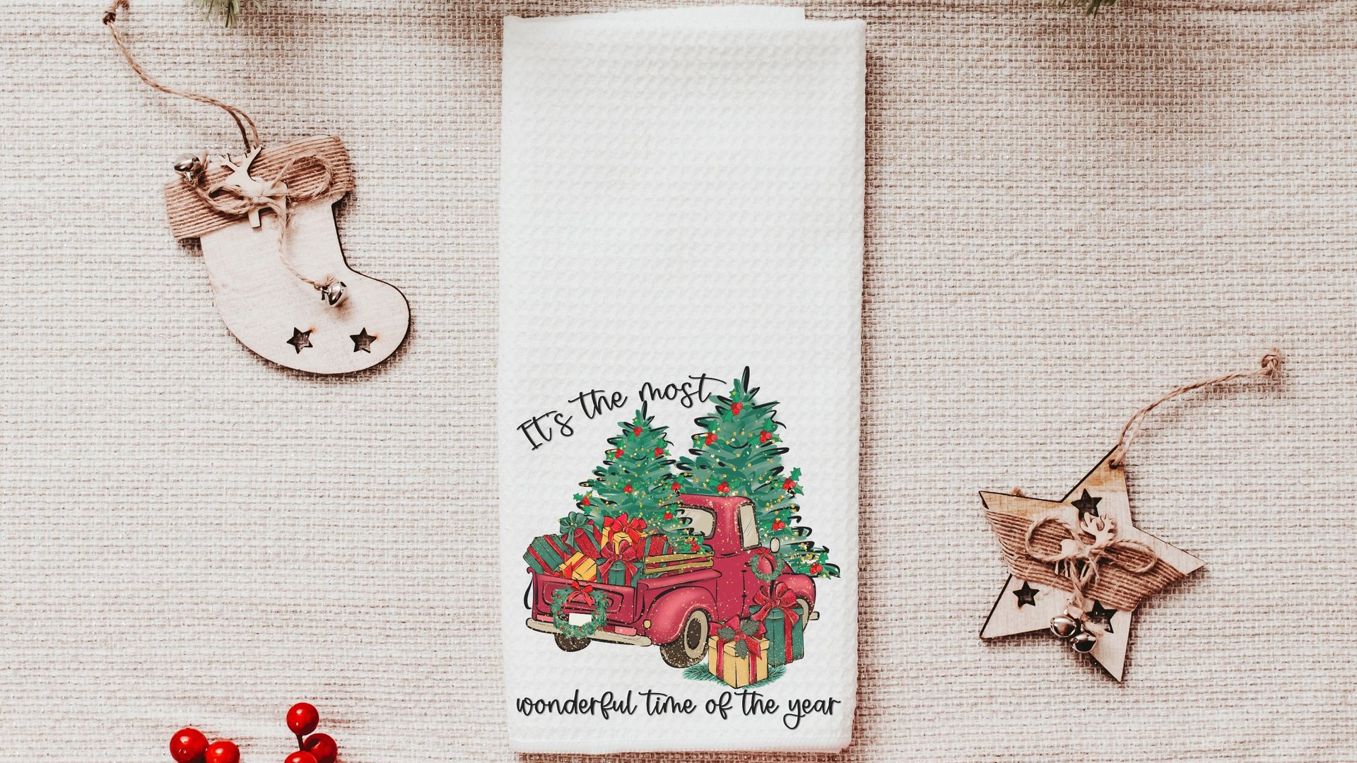 its the most wonderful time of the year Christmas throw pillow for sofa, red truck Christmas decor for home, whimsical Christmas gifts for