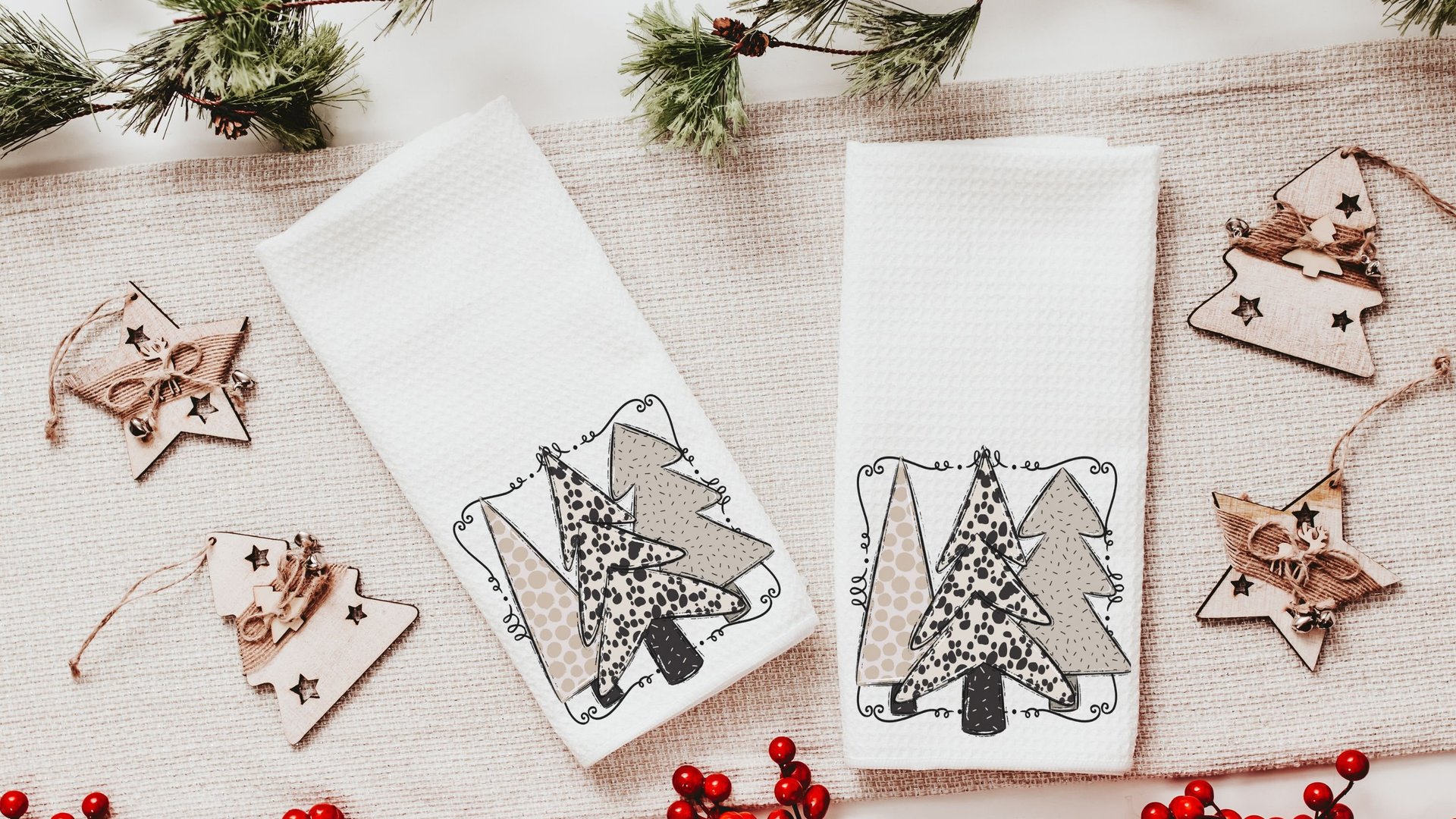 boho Christmas tree Christmas kitchen towels, cute Christmas housewarming gifts for couple, blush pink Christmas kitchen hand towels, secret