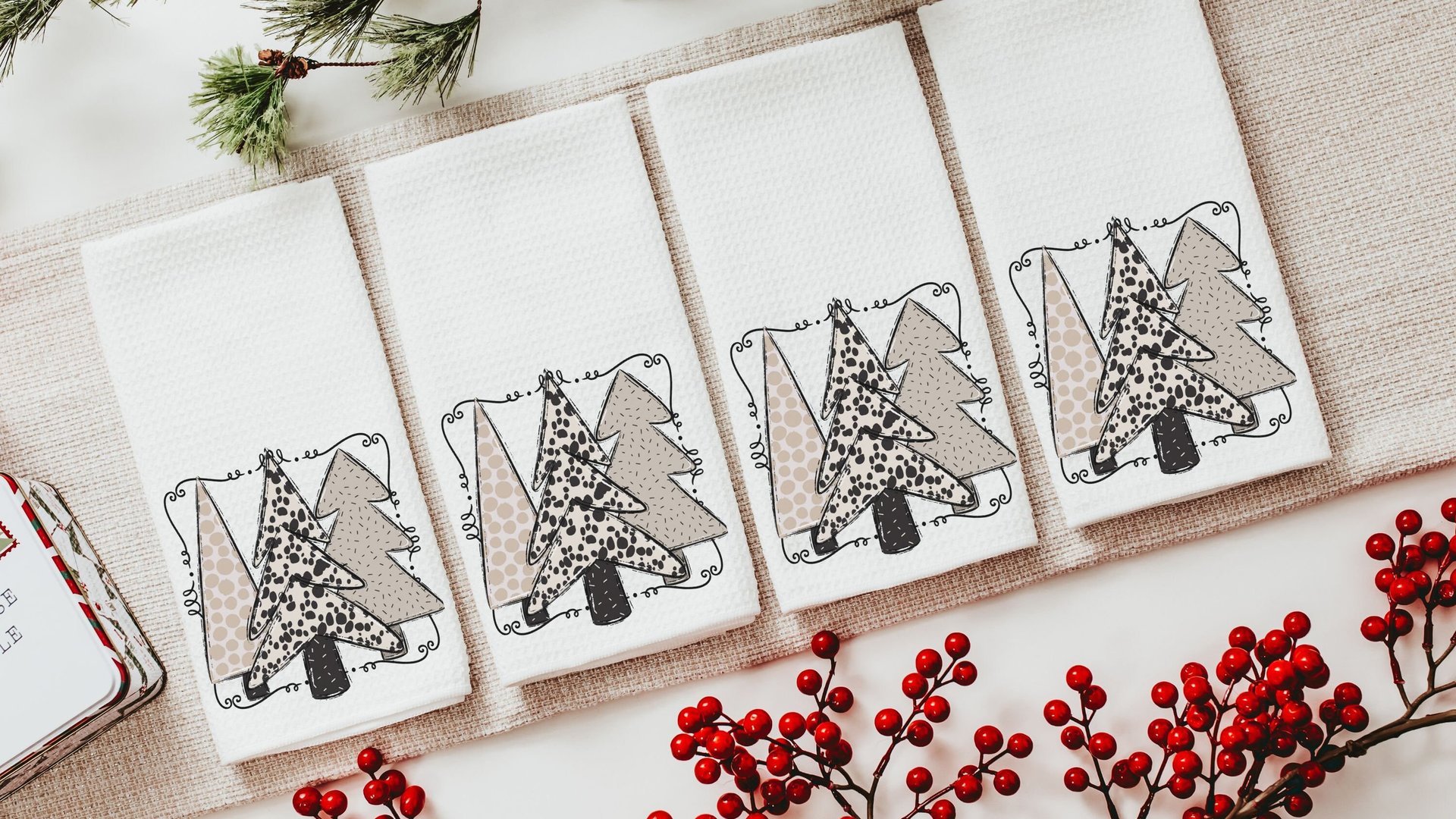 boho Christmas tree Christmas kitchen towels, cute Christmas housewarming gifts for couple, blush pink Christmas kitchen hand towels, secret