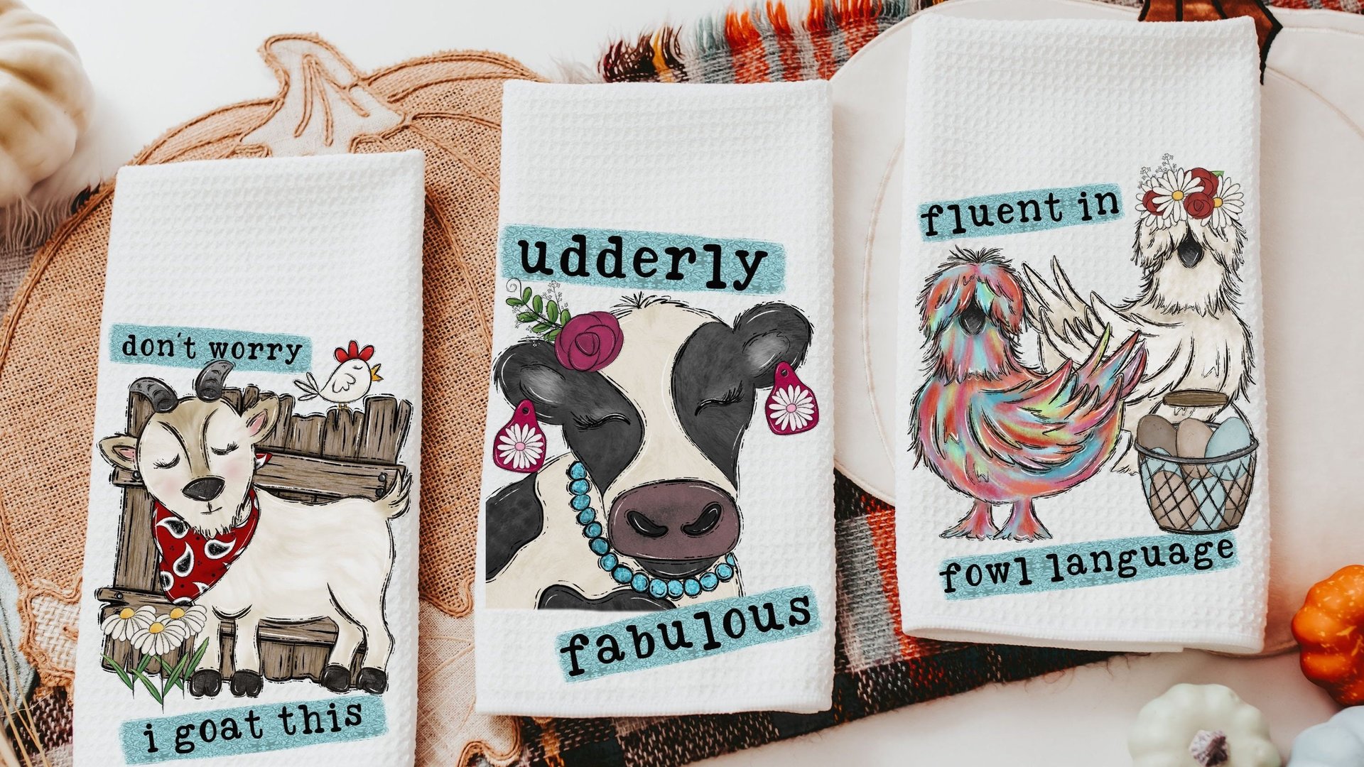 fluent in fowl language chicken kitchen towel, Mothers day gifts for mom, udderly awesome cow kitchen decor, birthday gifts for best friend