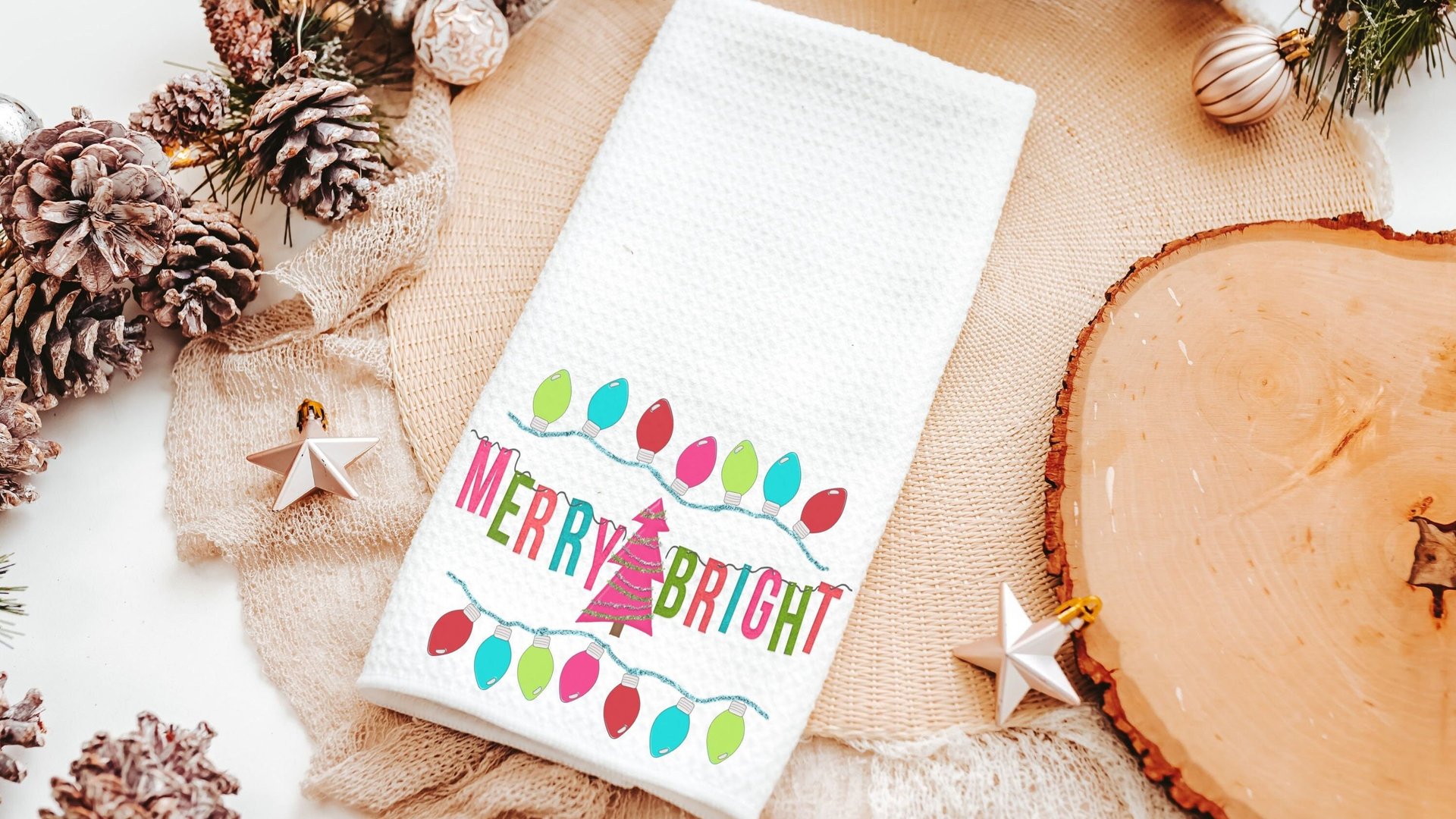 merry and bright Christmas kitchen towels for gifts, colorful Christmas hand towels for bathroom, stocking stuffers for her, pink Christmas