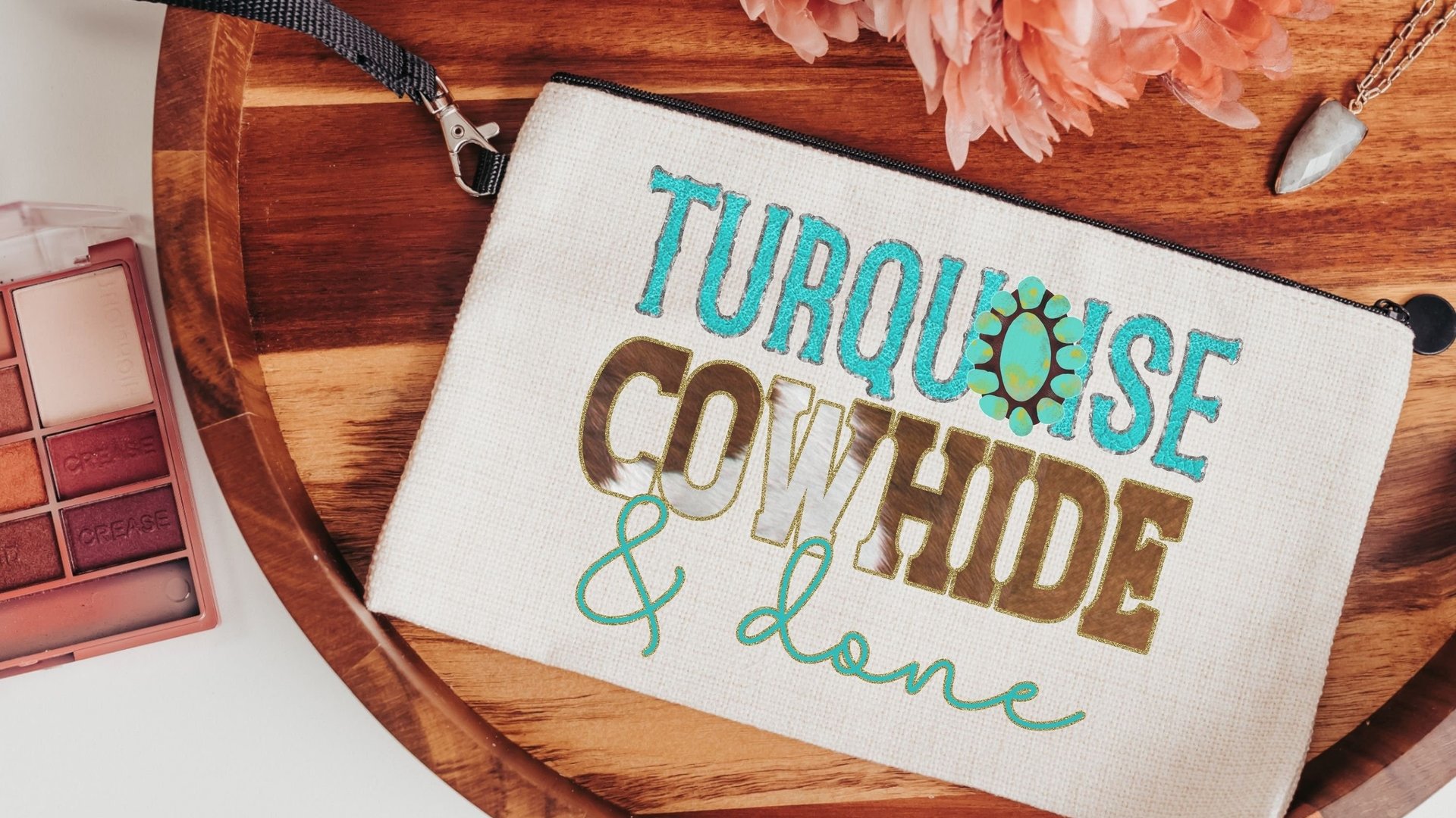 turquoise cowhide cosmetic bag for women, western makeup bag for purse, country bridesmaid gifts set of 6, western bridal shower favors best