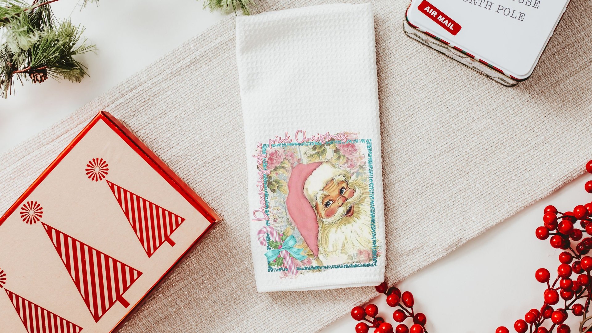 dreaming of a pink Christmas throw pillows for sofa, pastel Christmas decor, pink Santa kitchen towel, cute Christmas gift set for coworkers