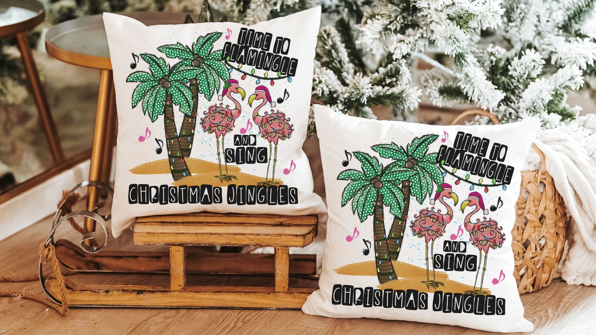 flamingle and jingle flamingo Christmas throw pillows for sofa, white elephant gifts funny Christmas kitchen towels, palm tree Christmas