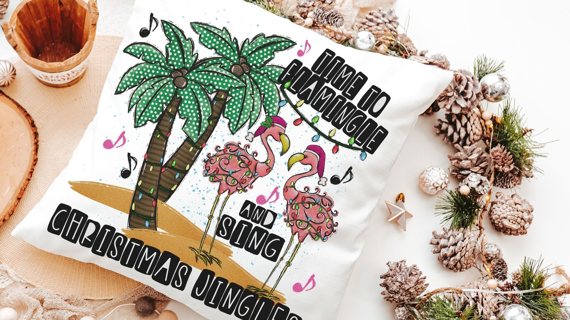 flamingle and jingle flamingo Christmas throw pillows for sofa, white elephant gifts funny Christmas kitchen towels, palm tree Christmas