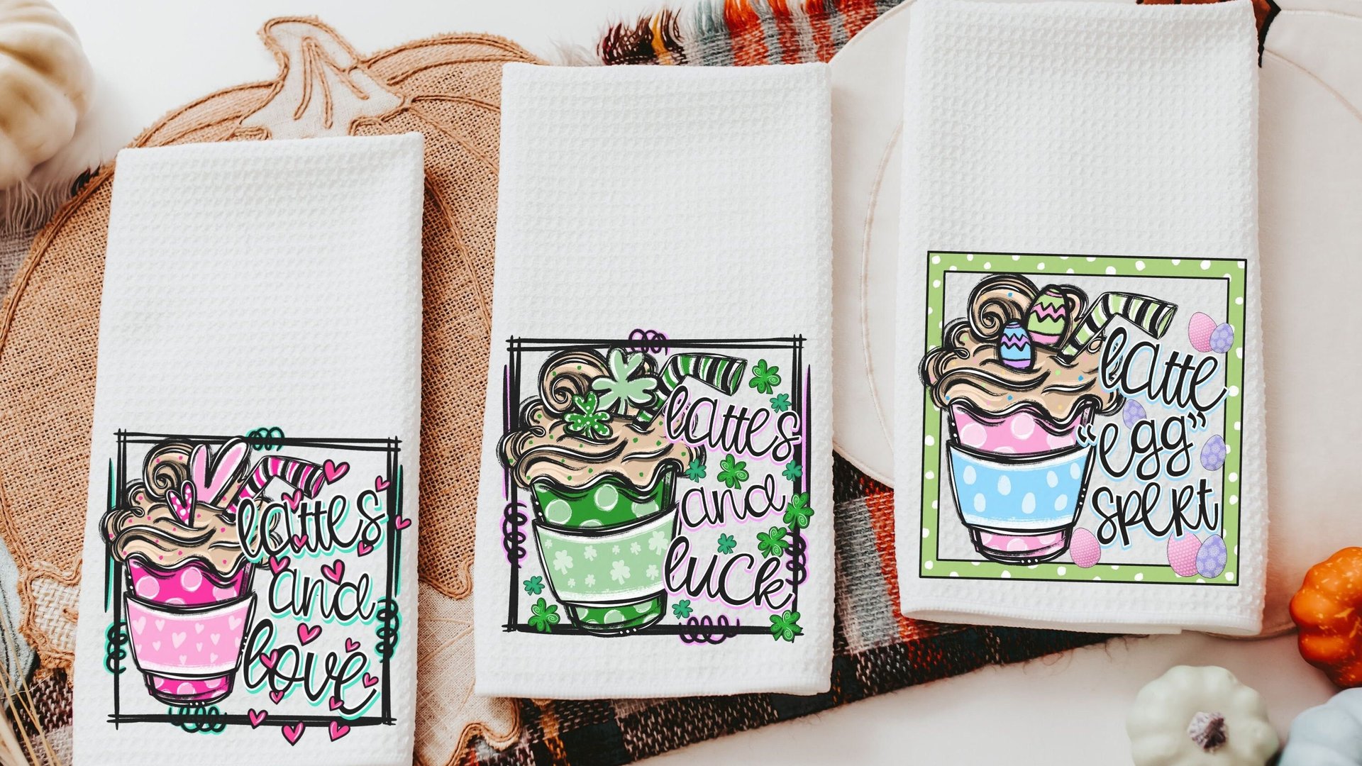 lattes and luck shamrock coffee St Patricks day kitchen towels, St Patricks day coffee bar decor, St Pattys day decor, Irish coffee hand