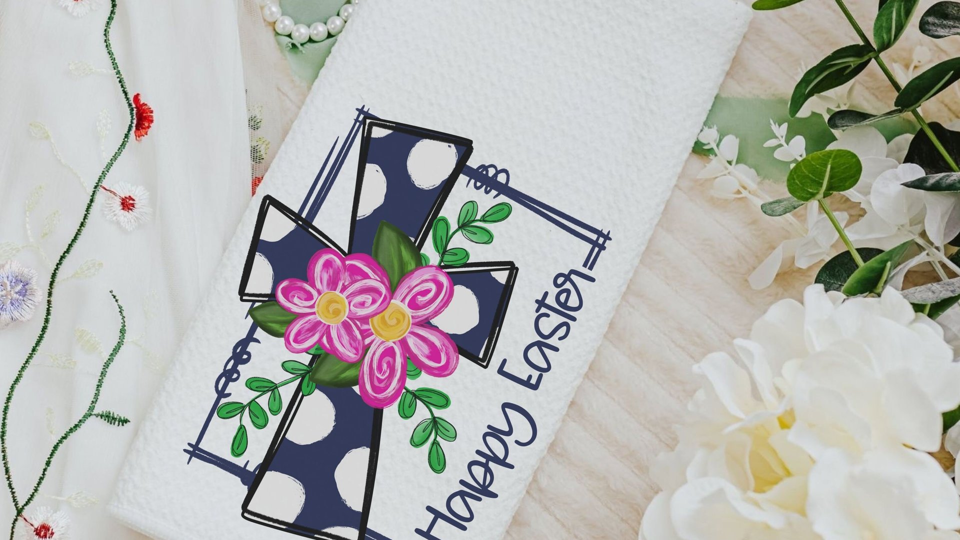 happy Easter throw pillow covers 18x18, Christian kitchen towels, navy blue polka dot cross pillow for sofa, Easter hostess gifts for women