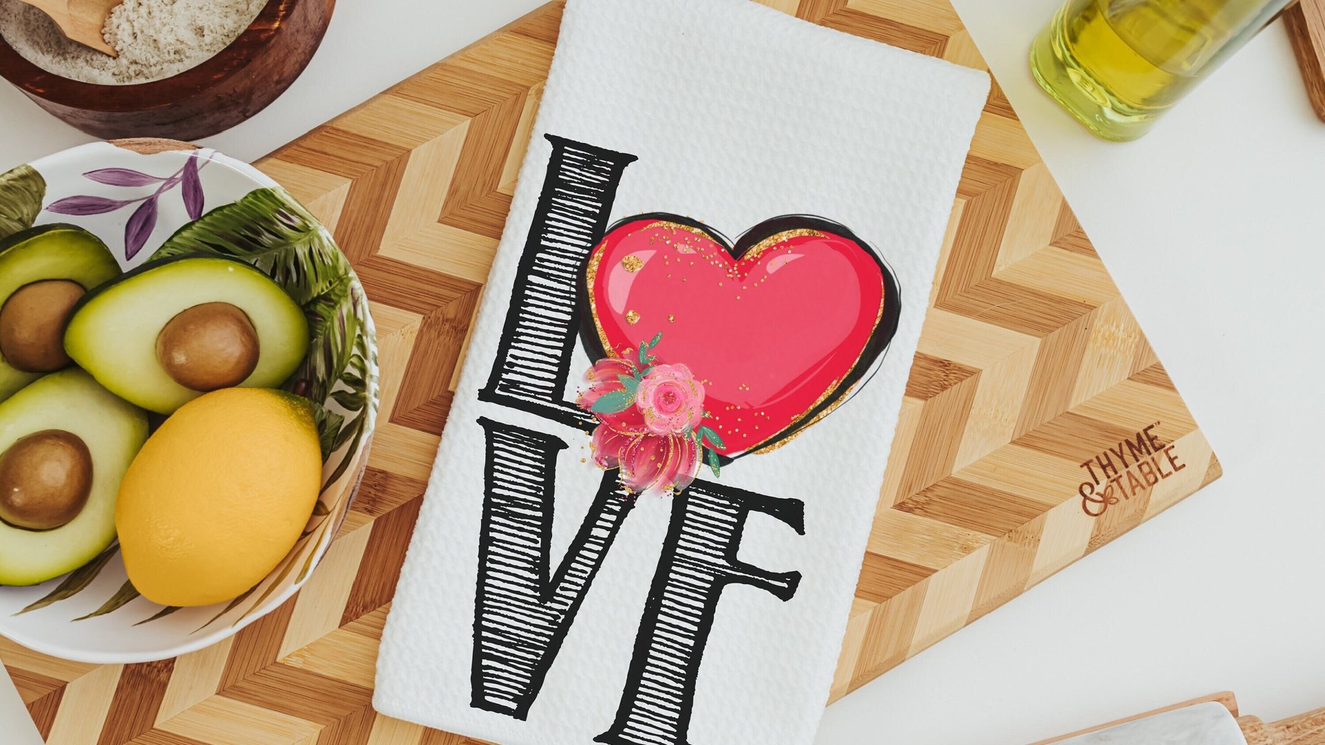 love kitchen towels for couples, Valentines Day kitchen decor, red heart kitchen hand towels, Valentines Day gifts for girlfriend, moving in