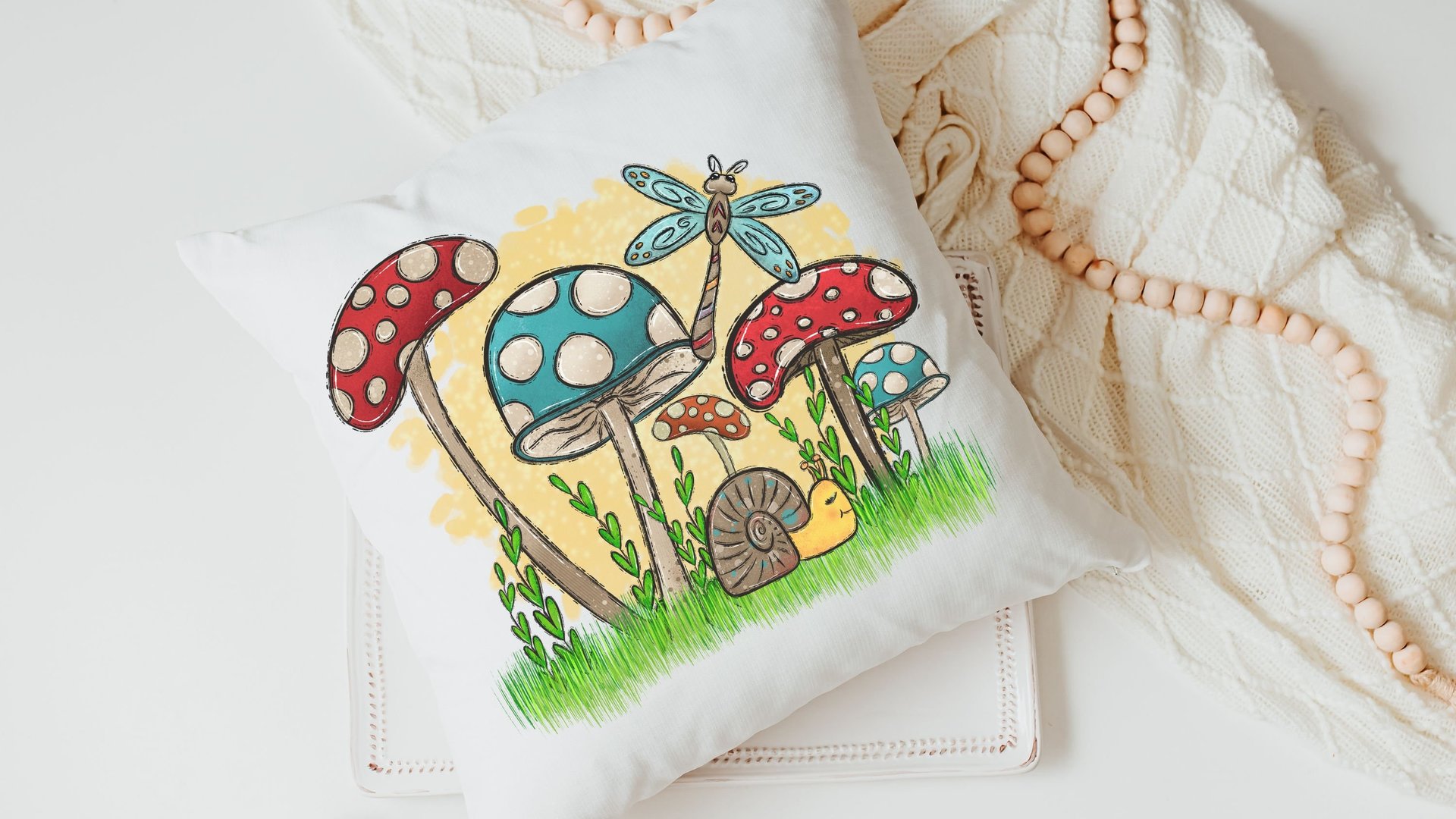 mushroom throw pillow for bed, cottagecore room decor, nature lover gift for women, woodland nursery decor, snail decor, outdoorsy gifts for