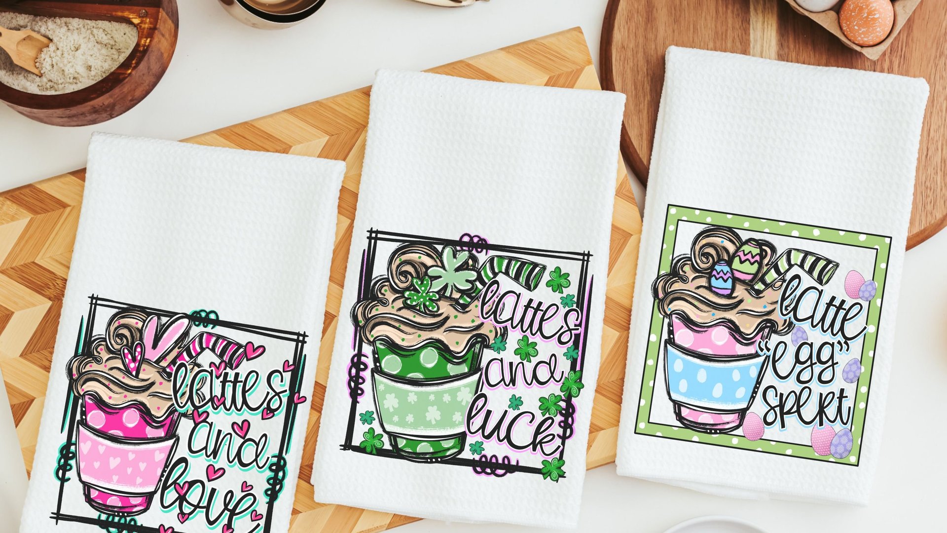 lattes and luck shamrock coffee St Patricks day kitchen towels, St Patricks day coffee bar decor, St Pattys day decor, Irish coffee hand