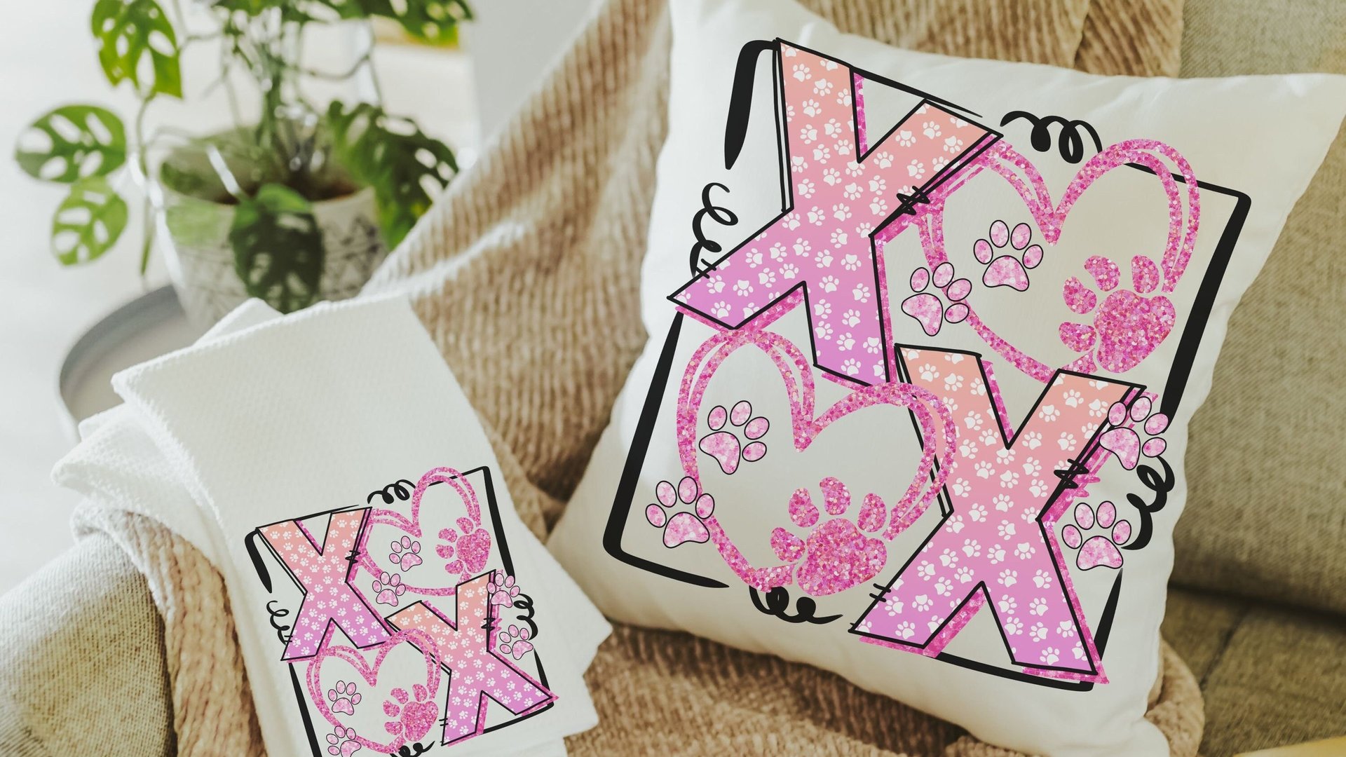 xoxo throw pillow for sofa, pink paw print pillow covers 18 x 18, dog mom gift, dog decor for home, Galentines day gifts for best friend